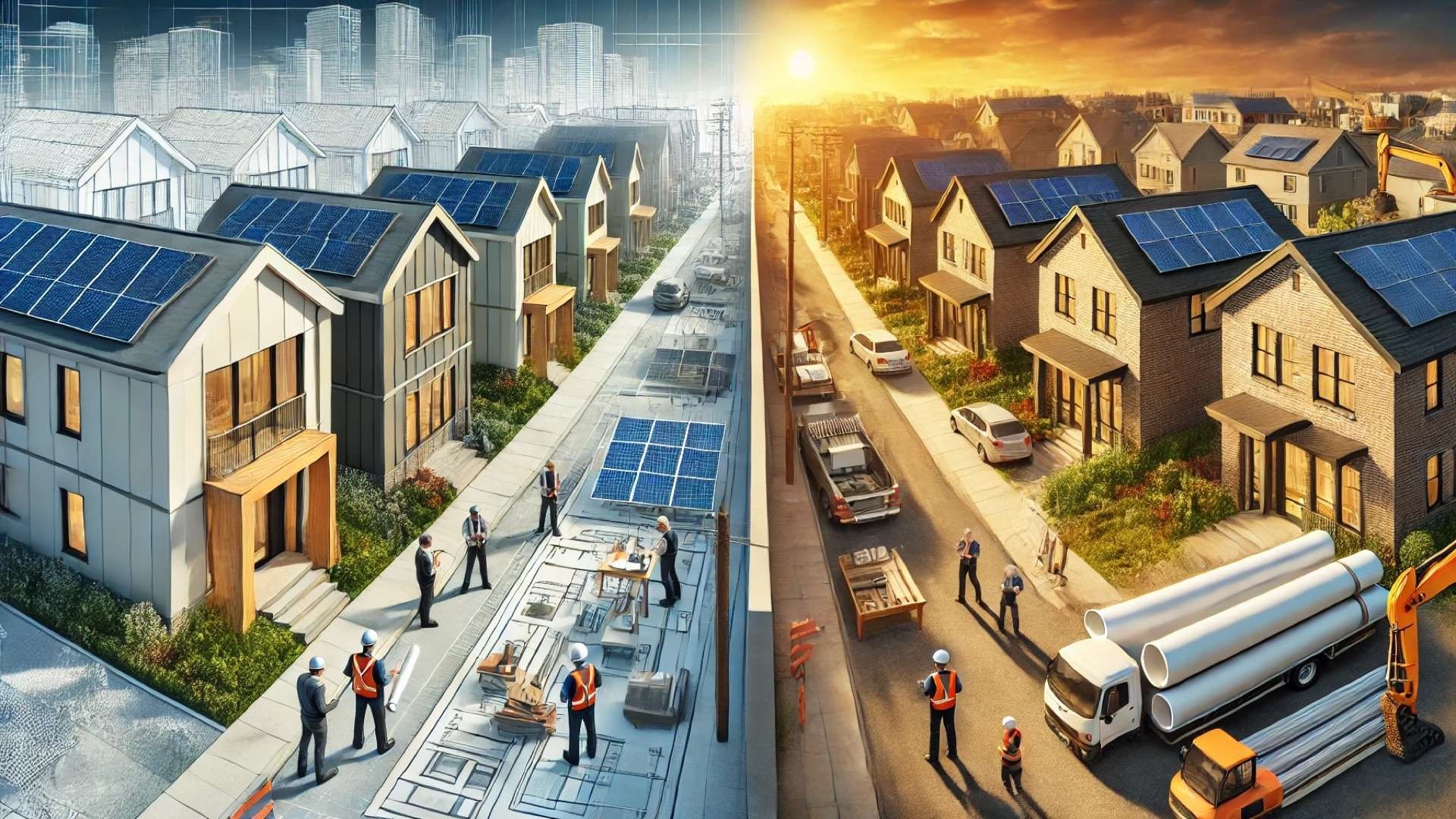 depicting the contrast between energy-efficient housing innovations and affordability challenges in a suburban construction setting