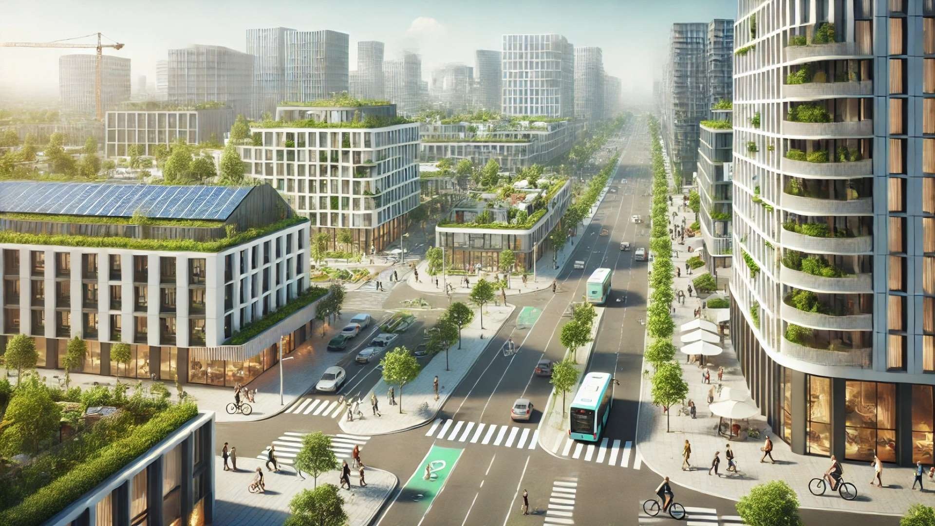 Modern eco-friendly city with mid-rise buildings featuring green roofs and solar panels, a wide street with dedicated bike lanes and an electric bus, and people walking and cycling among tree-lined sidewalks under bright daylight.