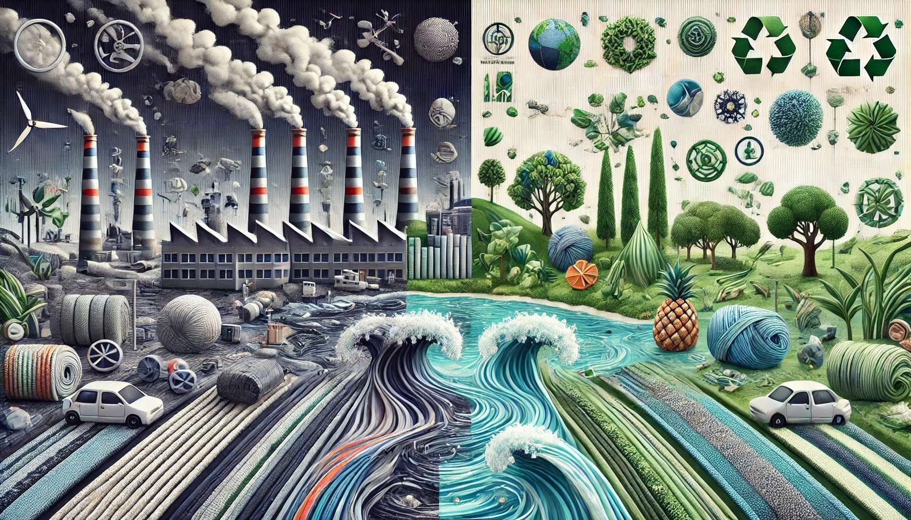 capturing the contrast between sustainable and conventional fabrics in the fashion industry, with a symbolic and eco-conscious visual treatment