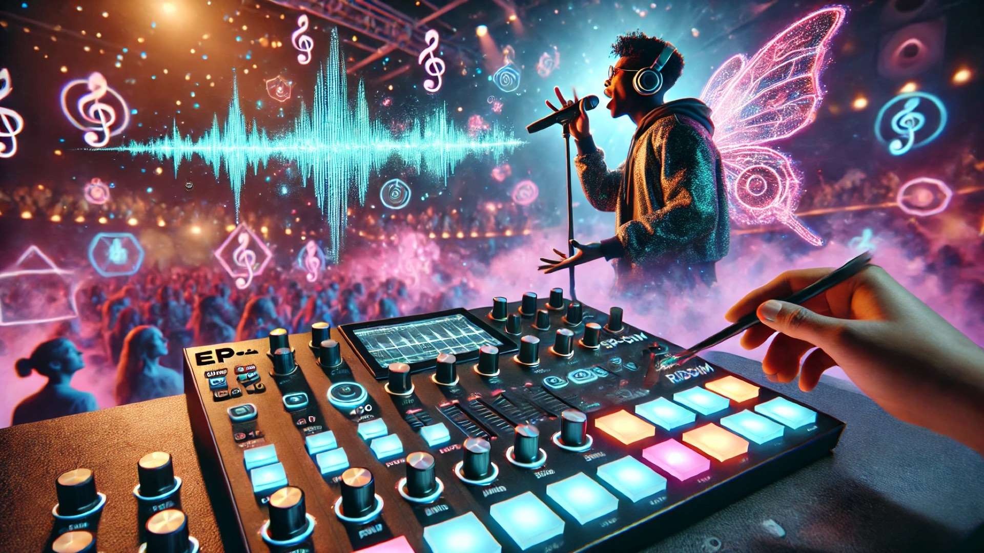 capturing a vibrant, futuristic live performance inspired by the Teenage Engineering EP–2350 Ting and EP–40 Riddim