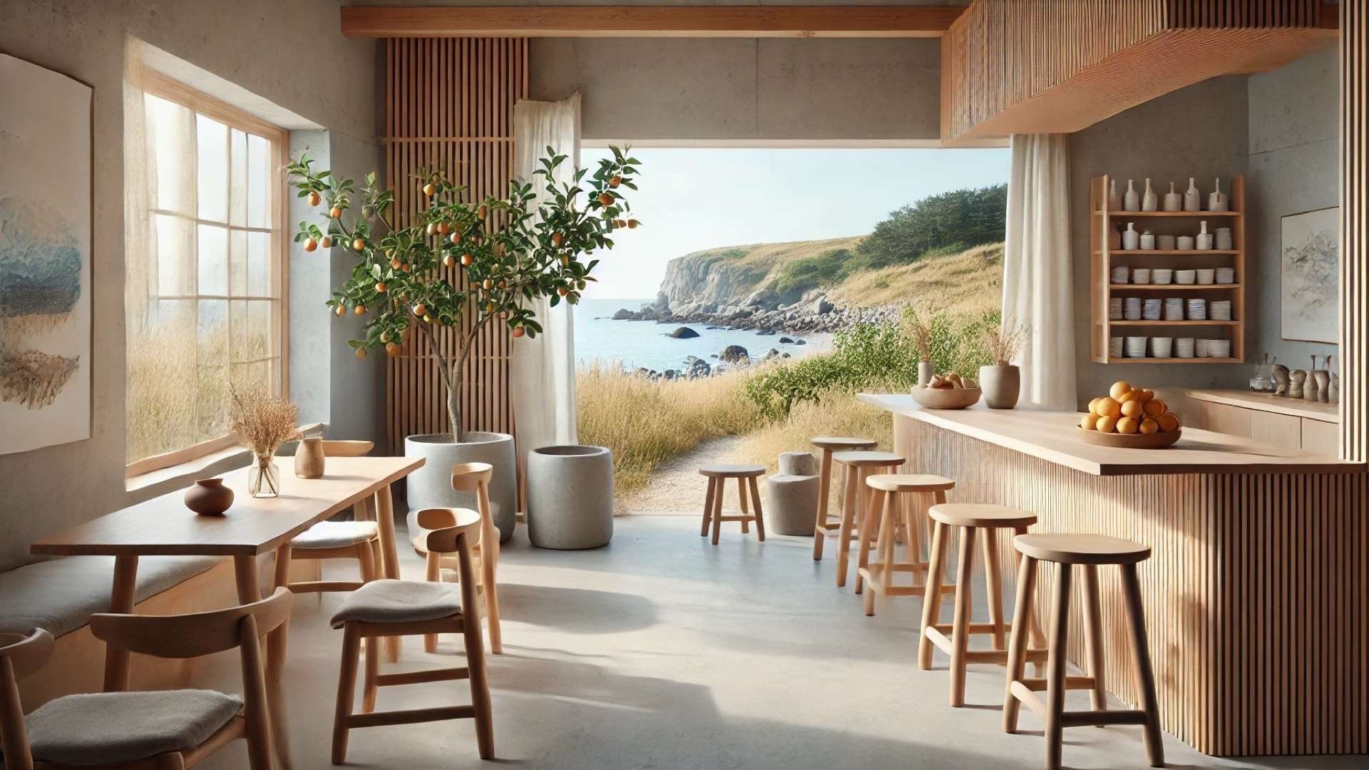 Calm Nordic gallery café with handcrafted stools, natural materials, ceramics display, and wide opening to coastal garden and sea views.
