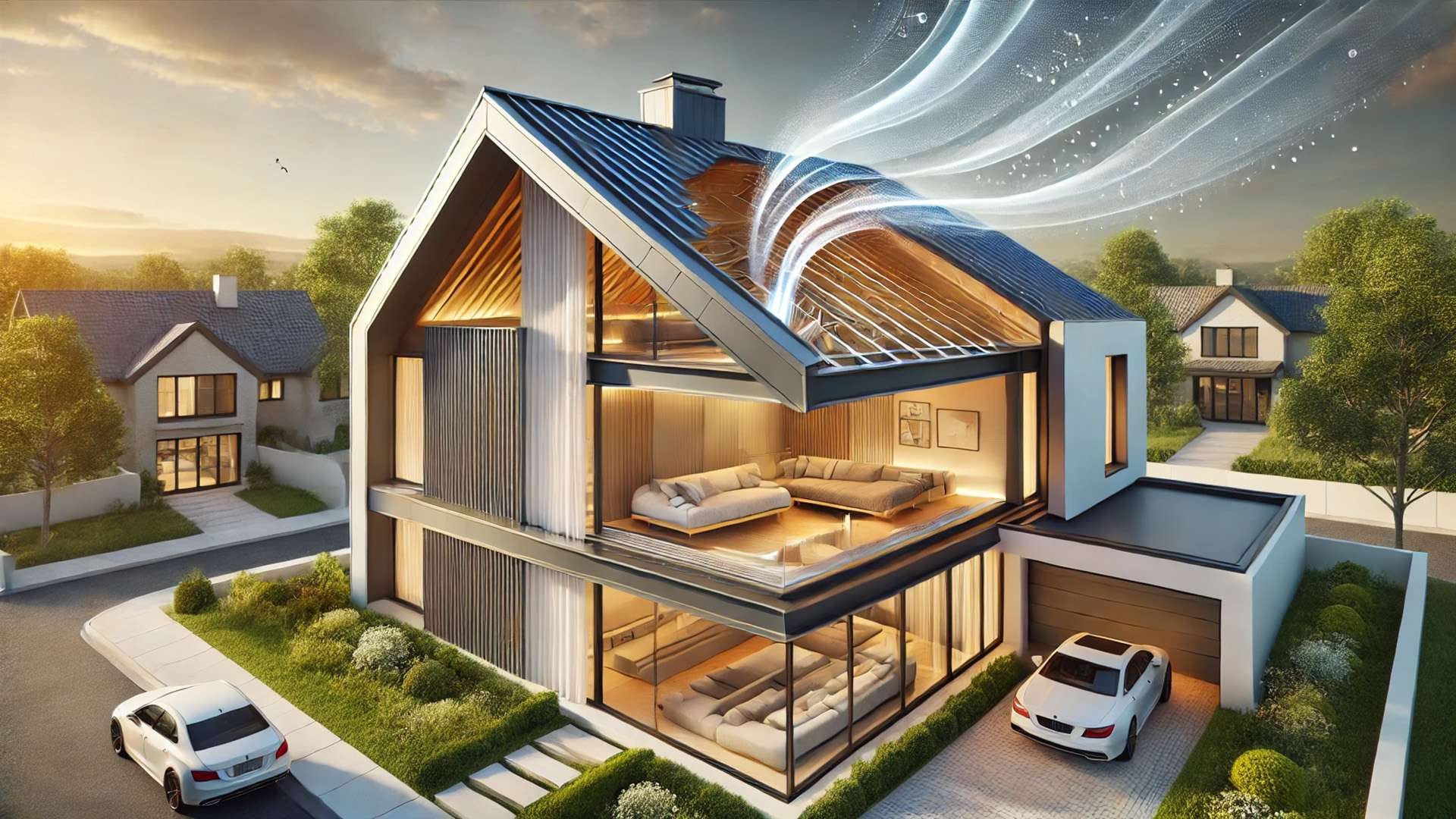 Cutaway view of a modern luxury home with a standing-seam metal roof showing airflow circulating through the attic to release moisture while maintaining a dry, ventilated roof system.