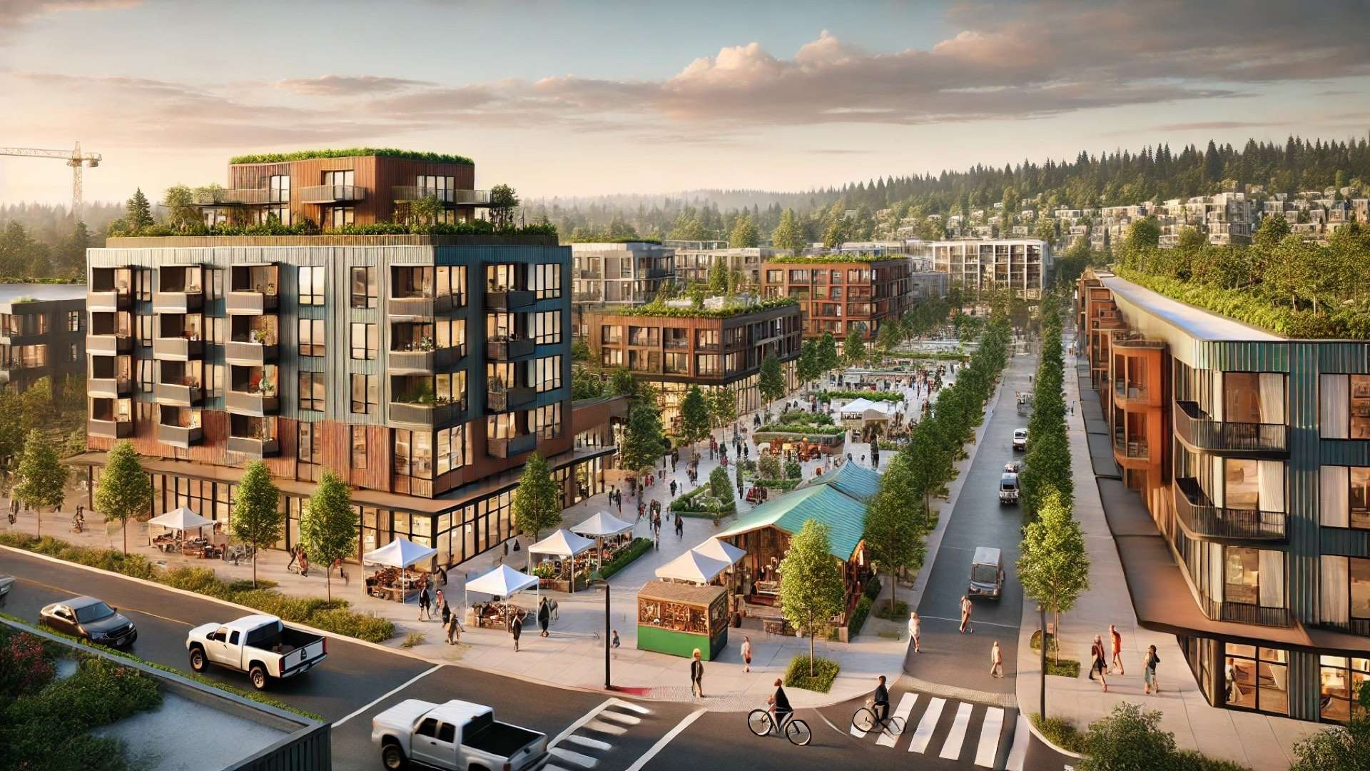 Sustainable mixed-use neighborhood with mid-rise apartments, ground-floor shops, green roofs, bike lanes, and a lively pedestrian plaza set against forested hills.