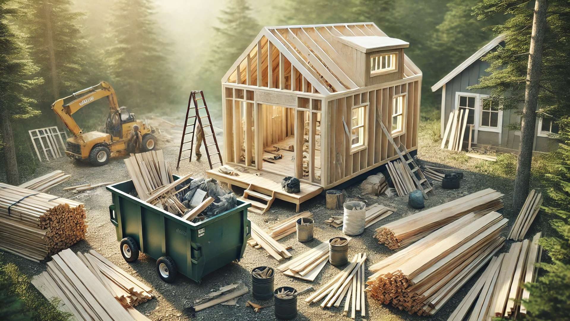 construction scene showing a tiny home build with a small dumpster used for organized waste management