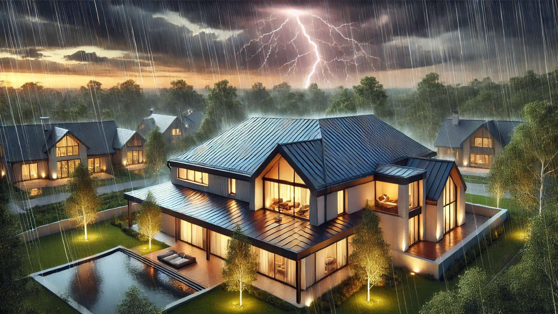 Luxury modern home with a standing seam metal roof during a thunderstorm, lightning striking nearby while the warmly lit house remains protected in heavy rain.