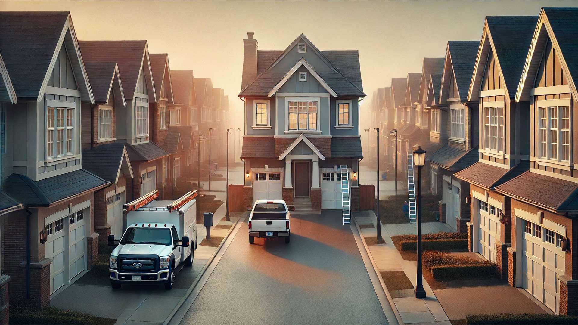 Architecturally symmetrical street scene with contractor vehicles aligned in disciplined formation, one central focal house illuminated in warm haze.