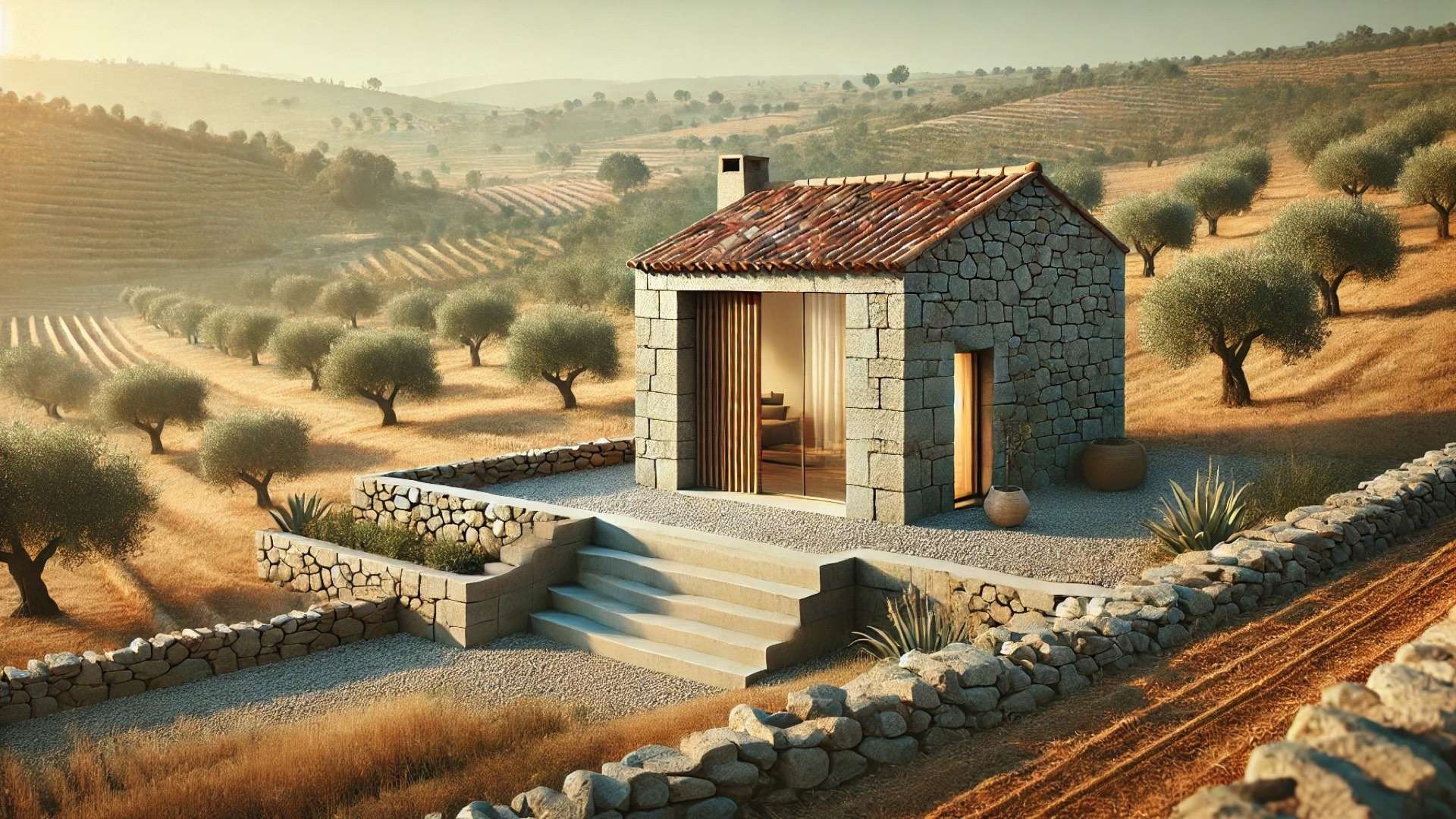 Small stone rural house with clay tile roof set among terraced hills and olive trees in warm golden Portuguese countryside light.