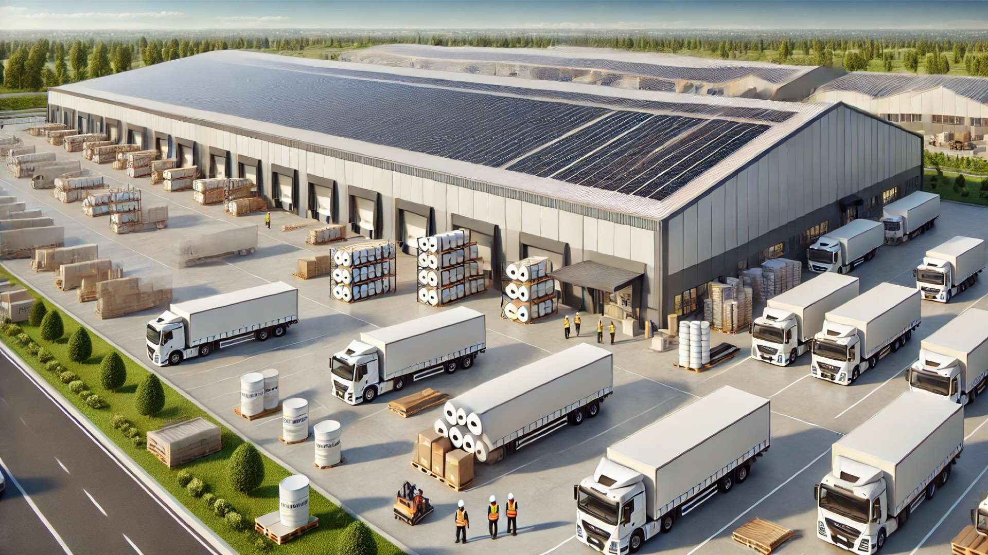 Large modern roofing materials warehouse with solar-panel roof, stacked membrane rolls, plain delivery trucks, and workers coordinating operations in bright daylight.