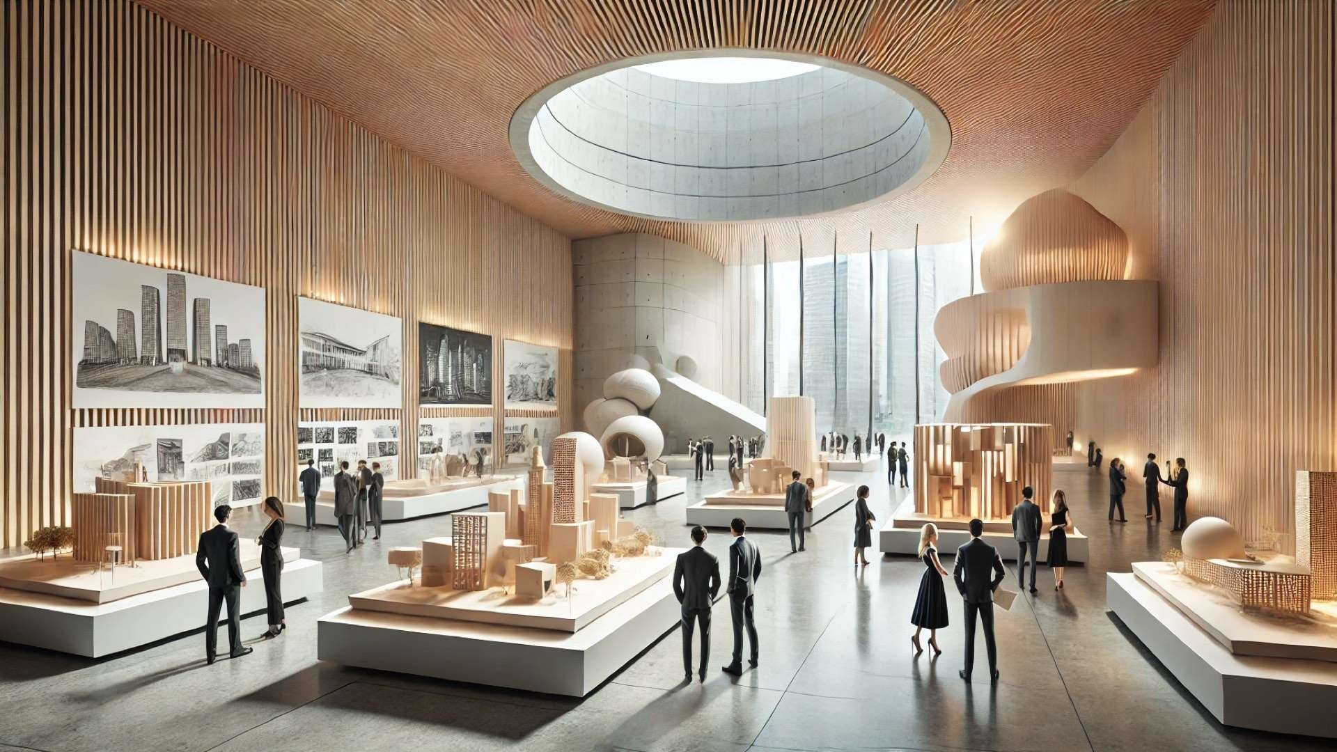 Modern architectural exhibition space with sculptural displays, design drawings, and professionals discussing models beneath a large skylight.