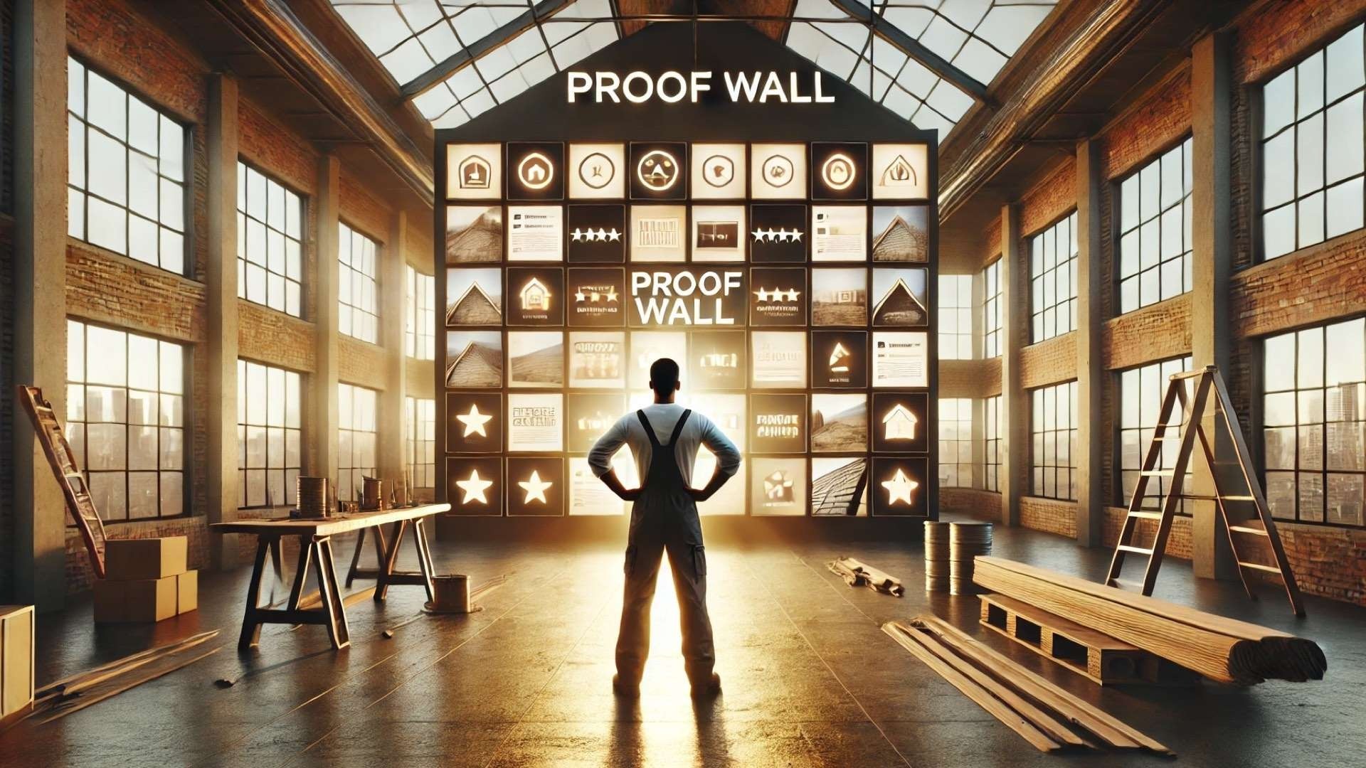A roofing professional stands in a large workshop facing an illuminated “Proof Wall” filled with verified project photos, reviews, and trust indicators.
