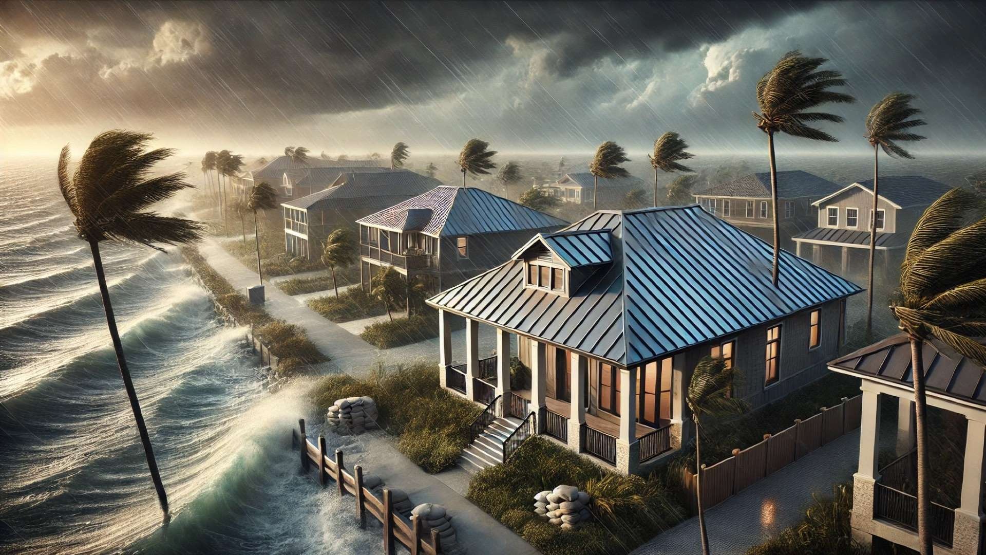 capturing the dramatic coastal Florida landscape as a storm approaches, highlighting resilient homes with wind-resistant metal roofing and storm preparedness features