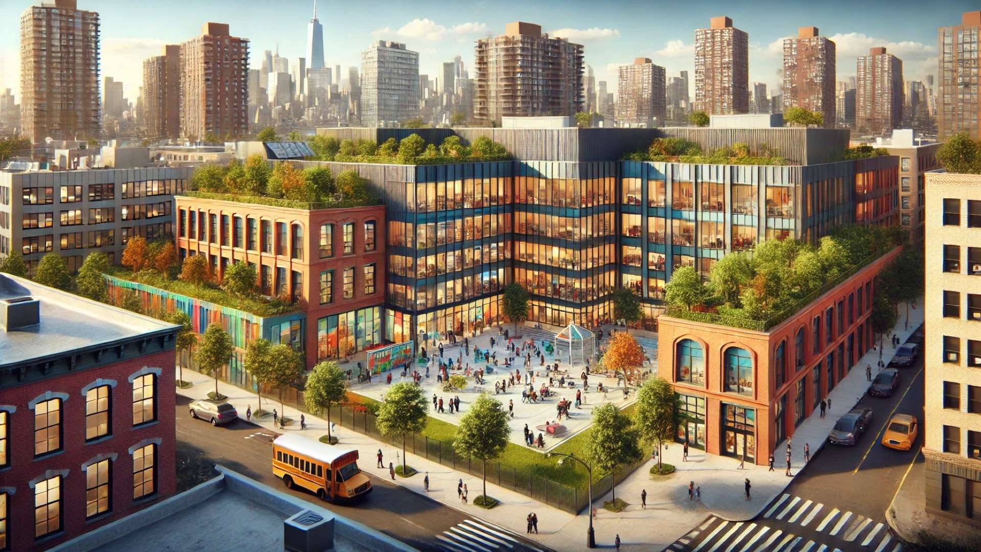 Modern urban middle school campus in the Bronx with brick and glass buildings, a central courtyard playground, rooftop gardens, and students gathering outdoors.