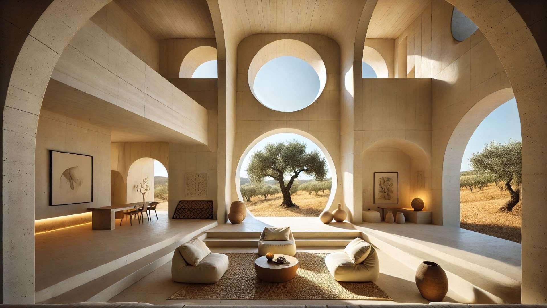 Sculptural Mediterranean interior with white plaster arches, built-in seating platforms, clay accents, and large openings framing olive trees and golden Alentejo fields.