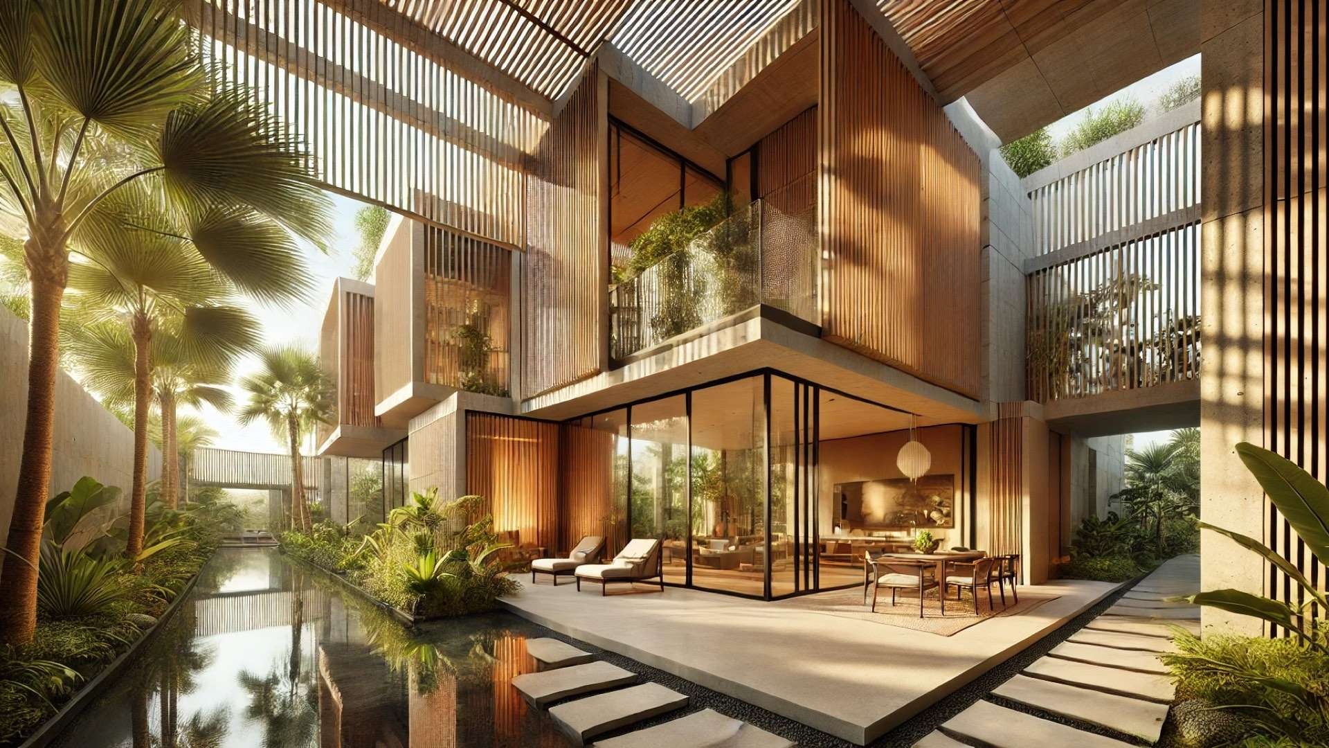 Modern tropical Thai residence with layered volumes, open glass walls, and a lush courtyard reflecting warm natural light.