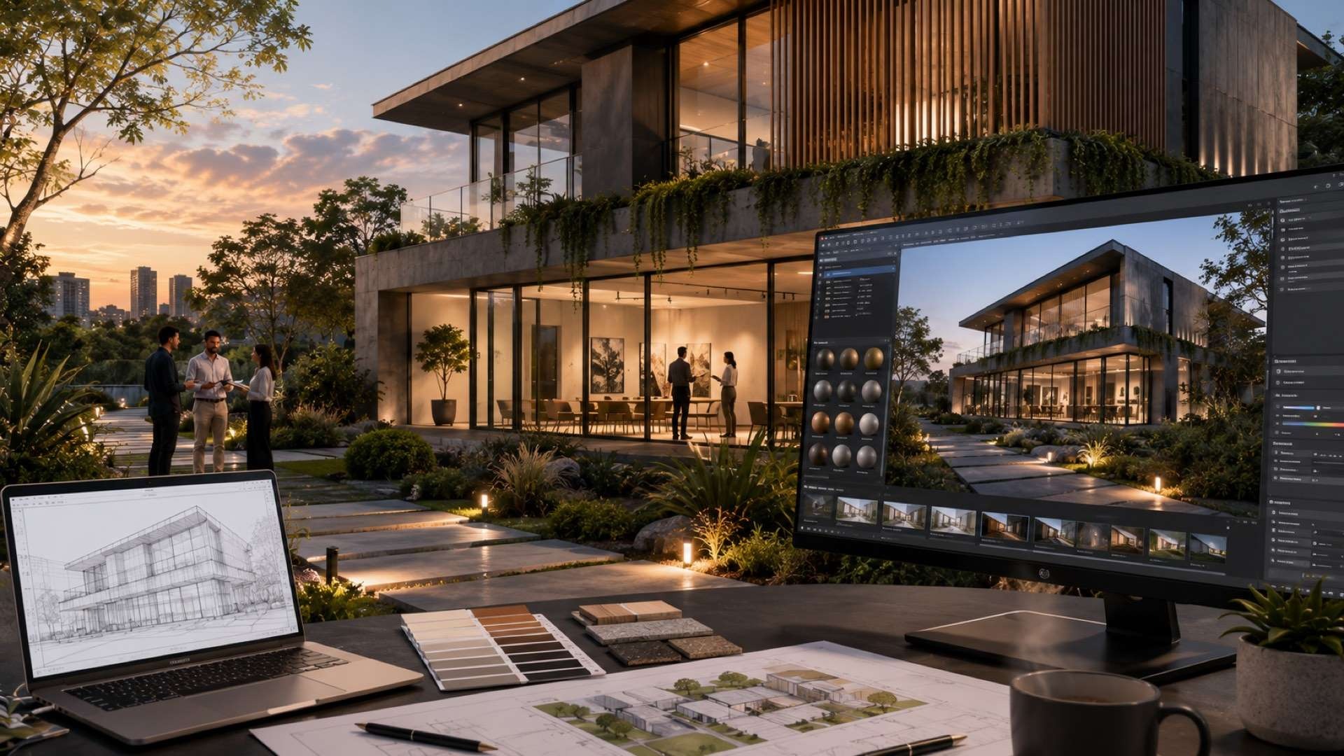A modern architect’s workspace overlooks a sustainable glass-and-concrete residence at sunset, with design drawings, material samples, and a large monitor displaying a detailed digital rendering while a small team collaborates nearby.