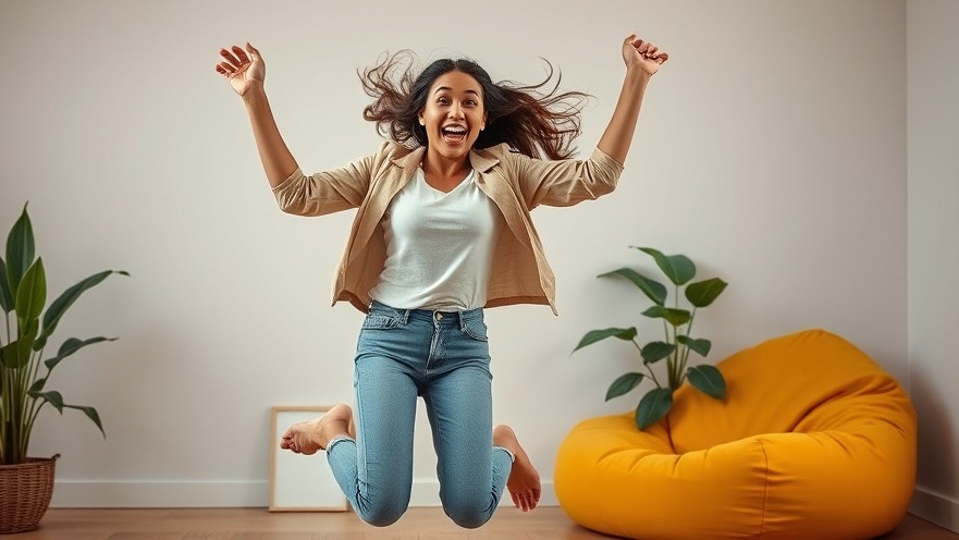 Joyful young woman in sustainable fashion, enjoying work-life harmony in a vibrant room.