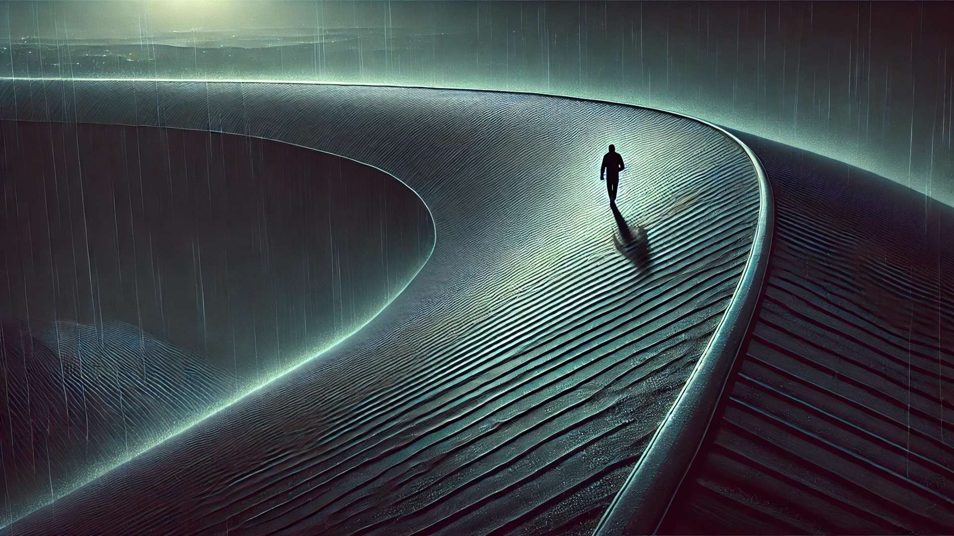 A lone figure walks along a wide, elevated curved platform in heavy rain, the surface illuminated by a thin glowing edge that outlines a circular void below, symbolizing evaluation confined to a single visible path.