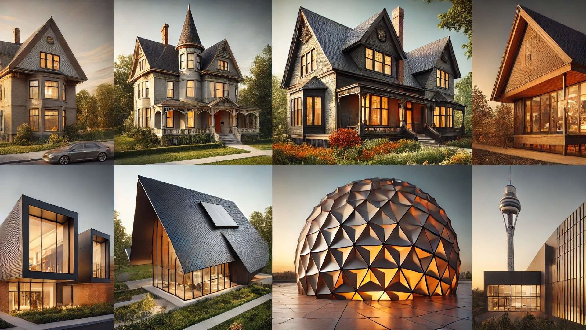 Collection of diverse buildings including ornate historic homes, a modern angular residence, and a faceted dome structure, highlighting the versatility of asphalt shingles across architectural styles.