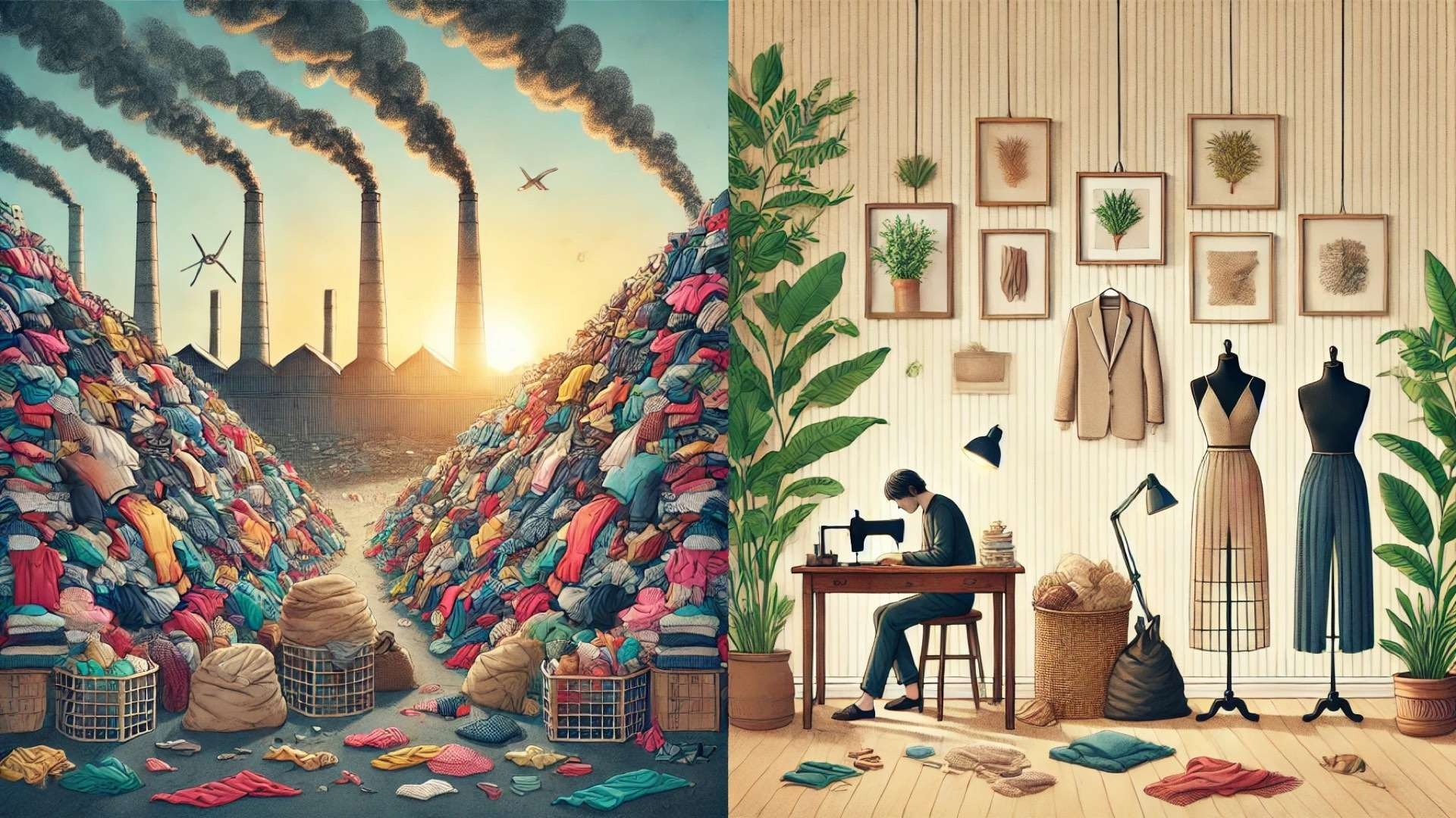 Split scene contrasting overflowing textile waste and factory pollution with a calm studio where a designer handcrafts timeless garments in a plant-filled, minimalist space.