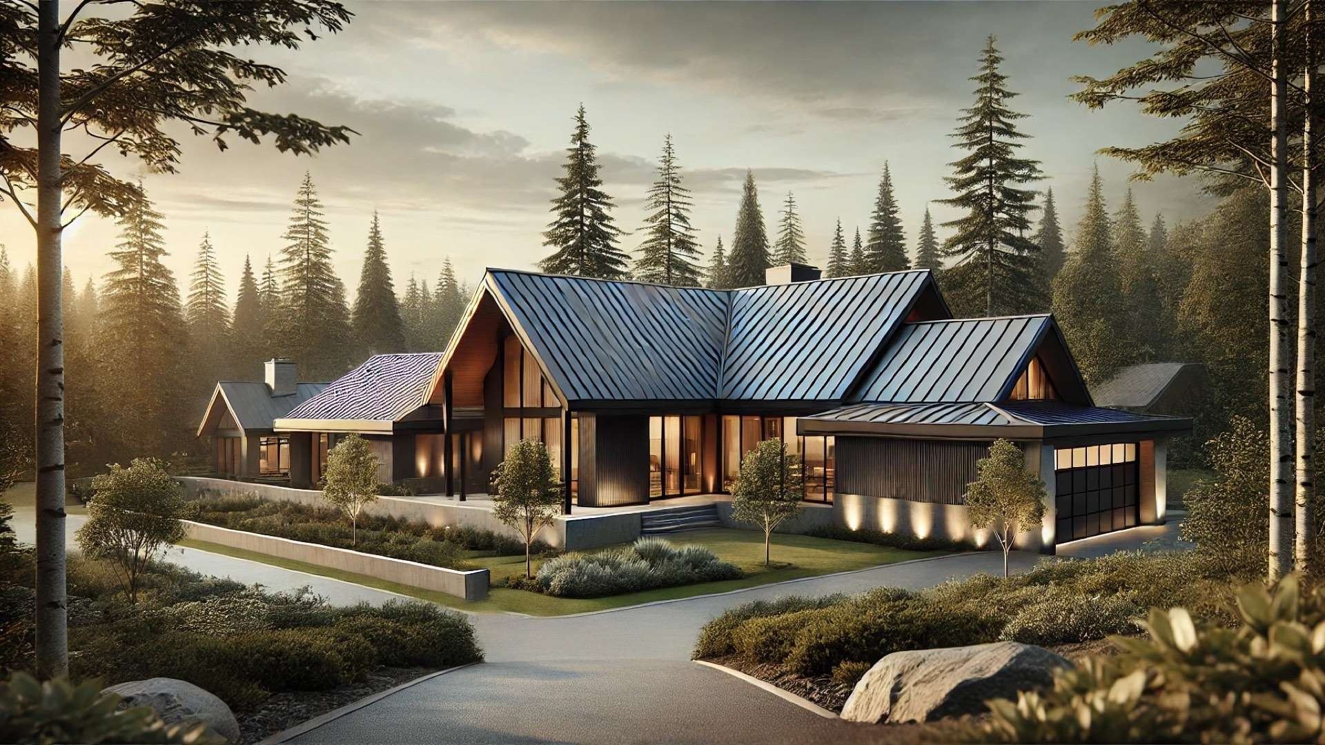 Contemporary house with a charcoal matte metal roof and large glass walls, set within a landscaped forest environment, illuminated by soft natural light and warm interior glow.