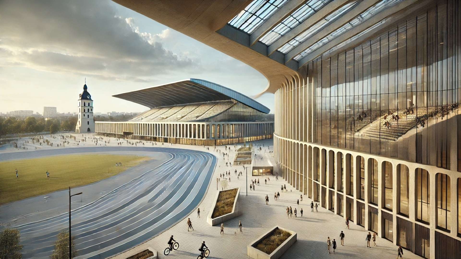 Contemporary athletics arena in Kaunas with sweeping rooflines, expansive glass facades, and outdoor running tracks integrated into a civic plaza beside historic architecture.