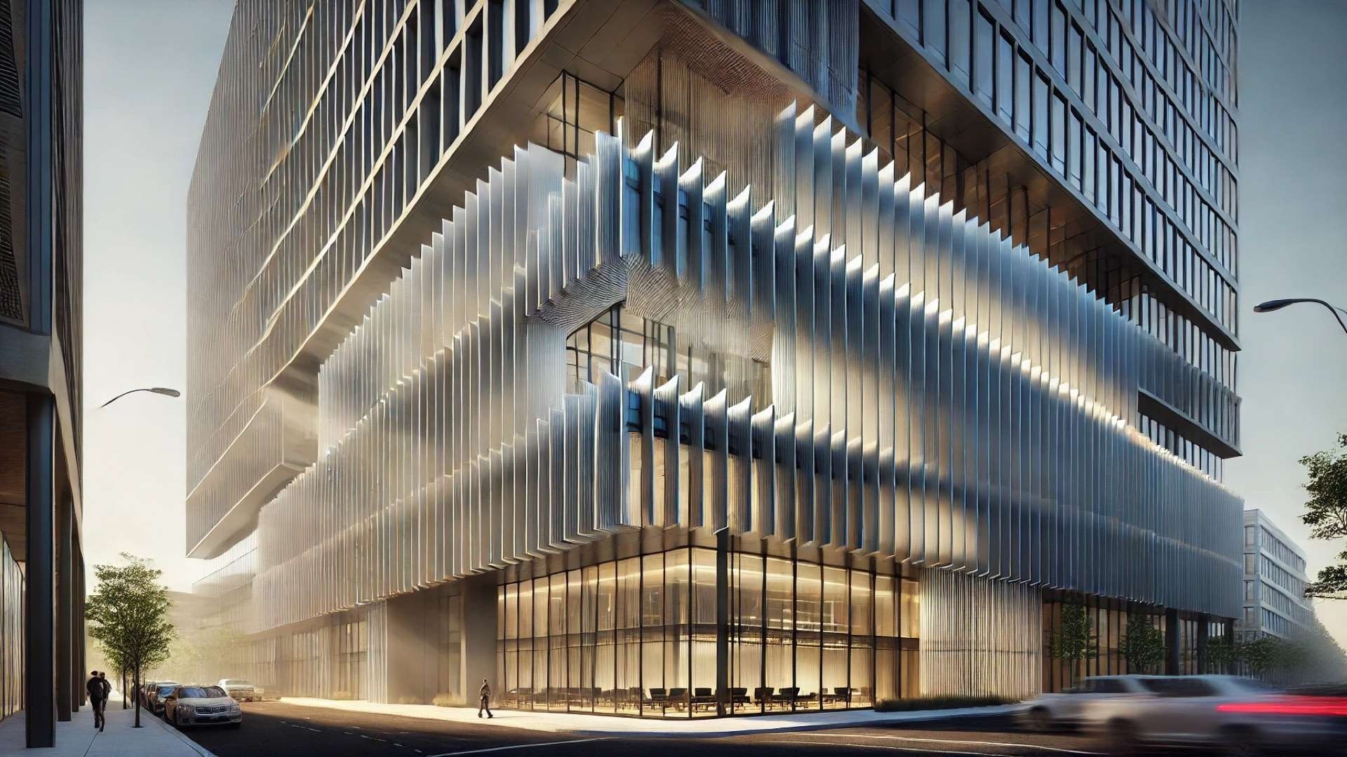 illustration depicting a modern office building in Watertown, MA, with custom glass fins