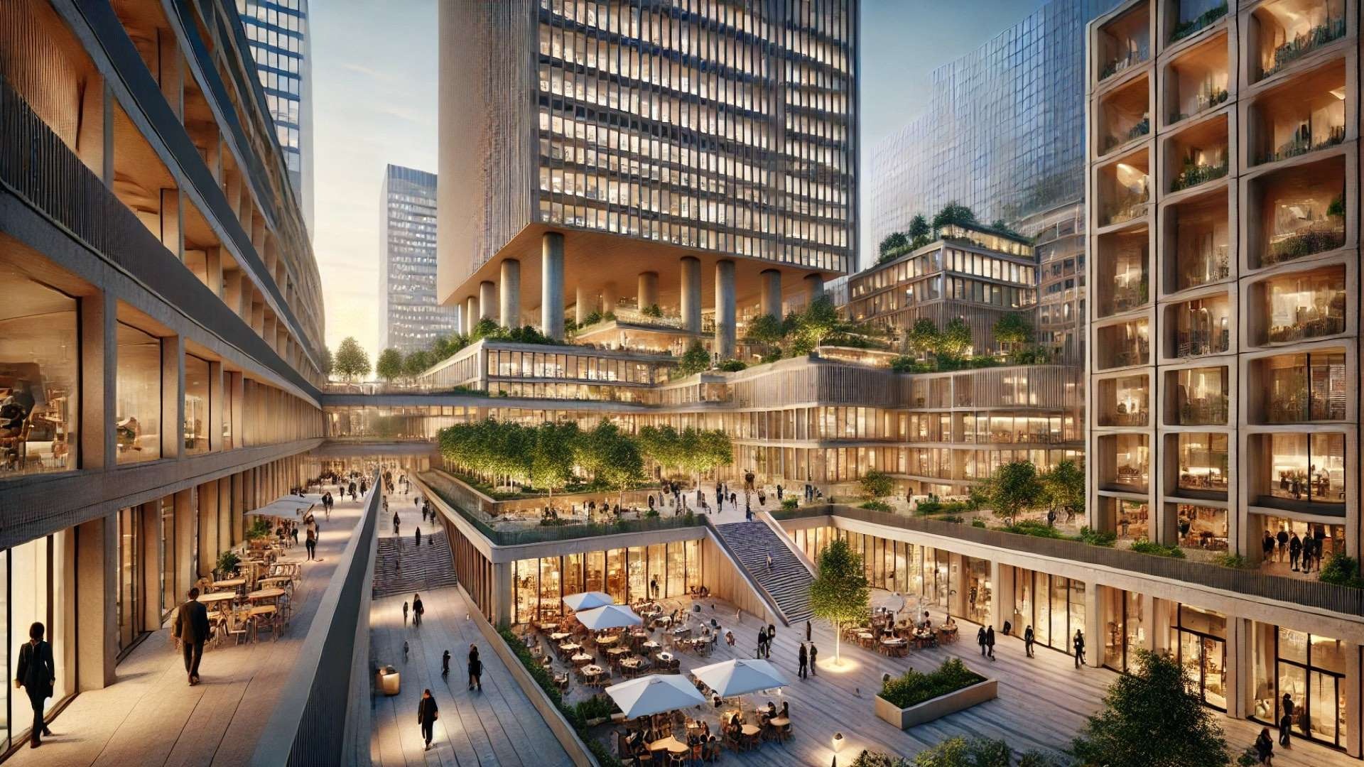 Revitalized Parisian commercial district with layered terraces, landscaped plazas, cafés, and modern timber-and-glass architecture integrated beneath tall urban towers at dusk.