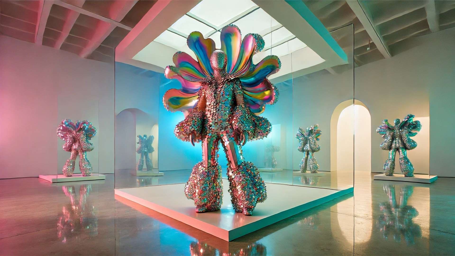 A performer in a vibrant rainbow-toned sculptural costume with exaggerated petal-like shapes stands on a gallery platform with mirrored walls reflecting other whimsical costume figures.