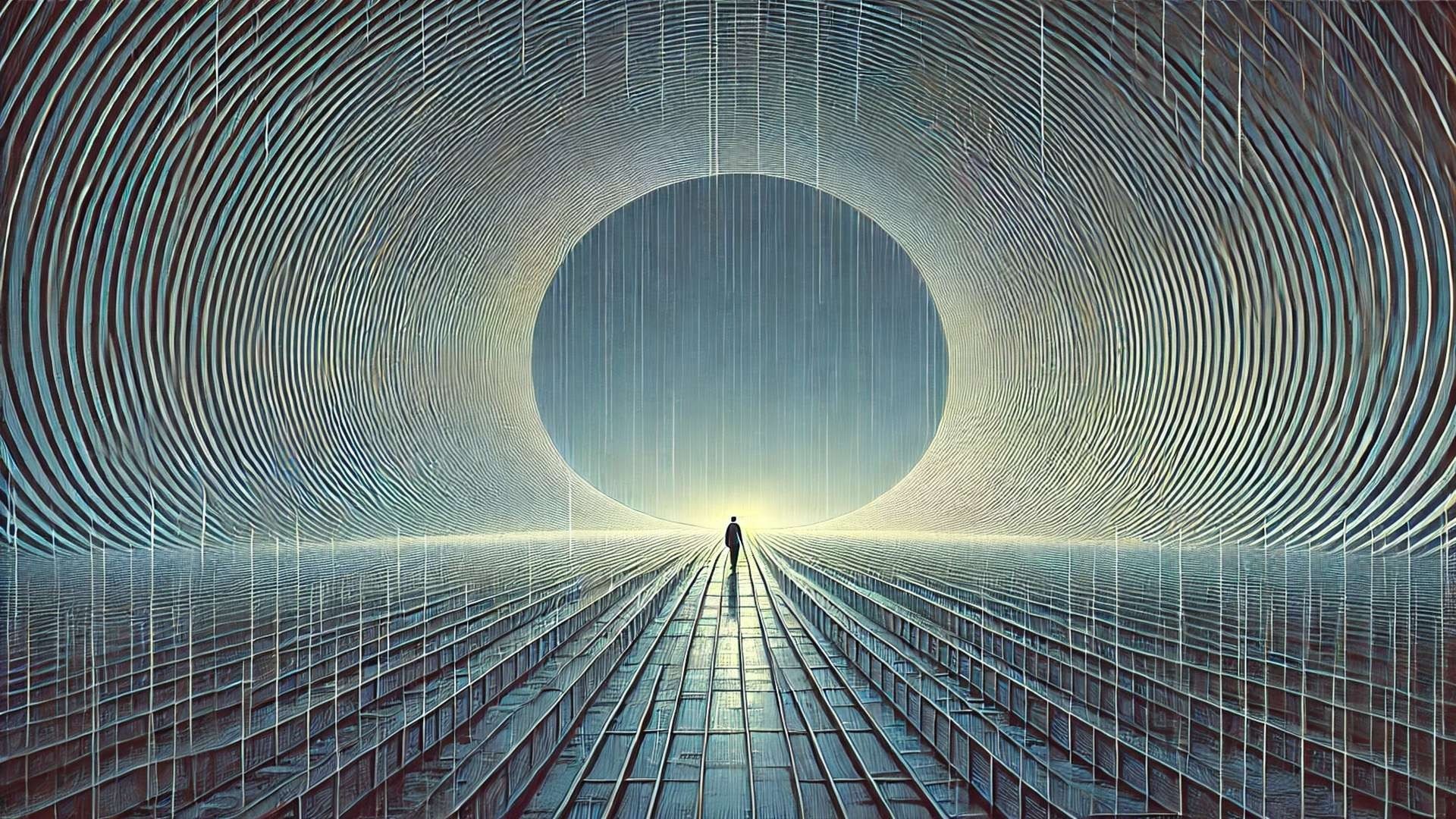 A person walks forward along a central path through a large circular architectural form with repeating mechanical elements and symmetrical ridges, emphasizing layered structure and coherence.