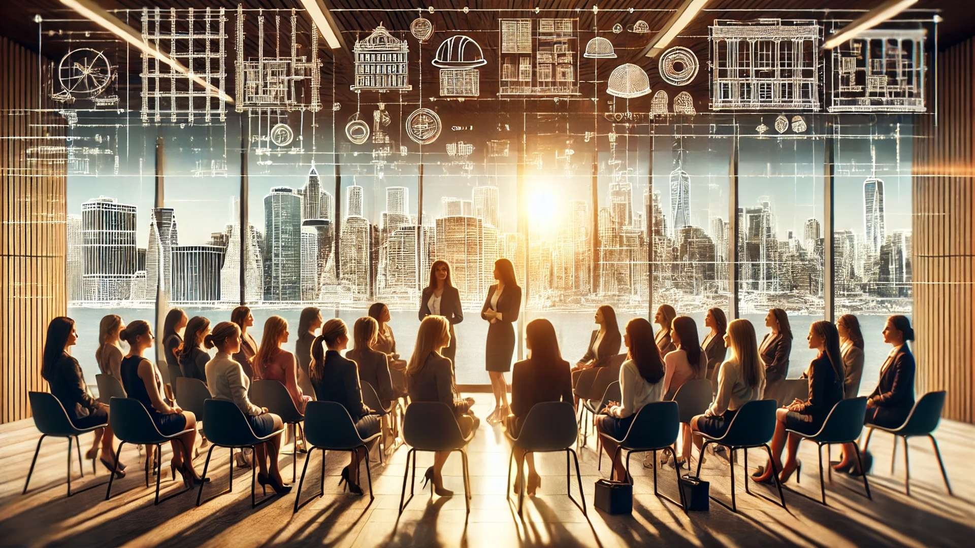 professional panel of women leaders in New York’s construction industry, capturing the atmosphere of collaboration and empowerment in a modern, architecturally inspired setting