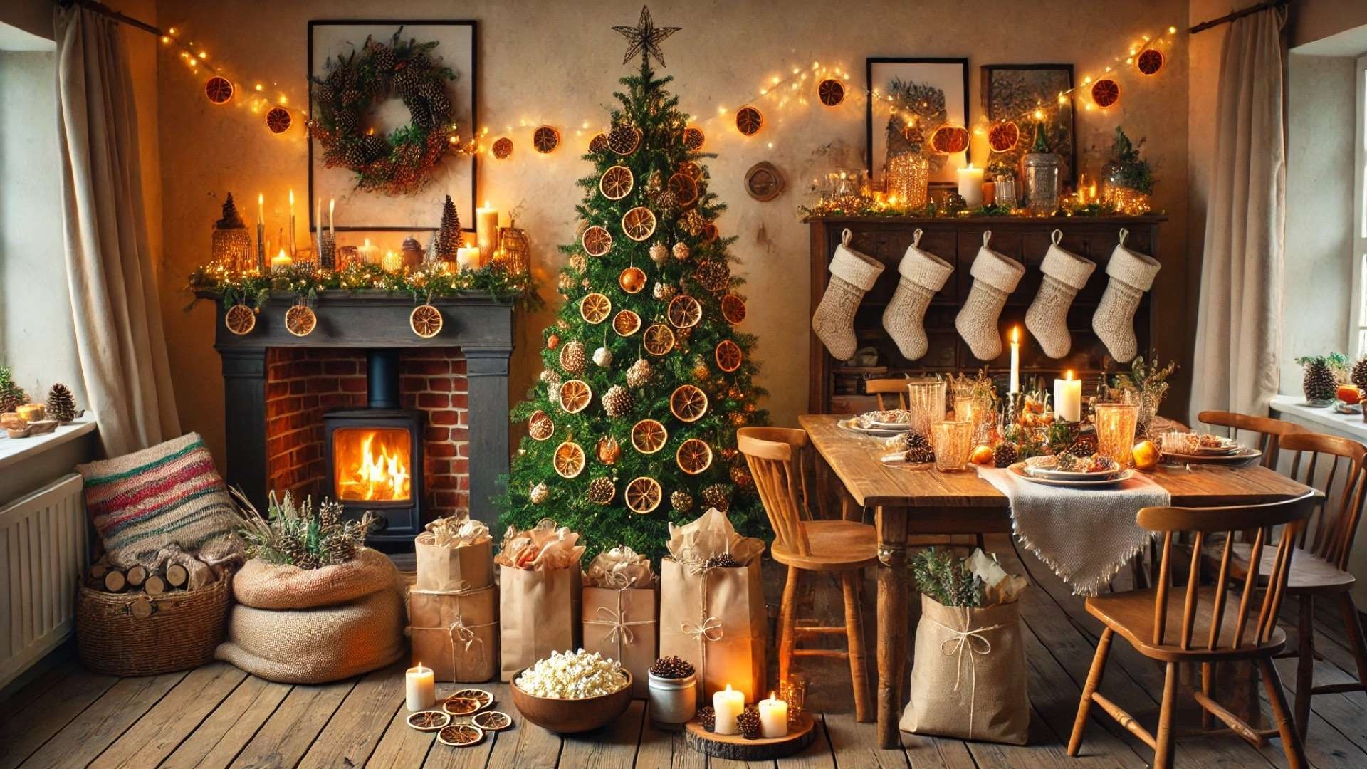 capturing a cozy and sustainable Christmas celebration, blending warmth, tradition, and eco-conscious choices
