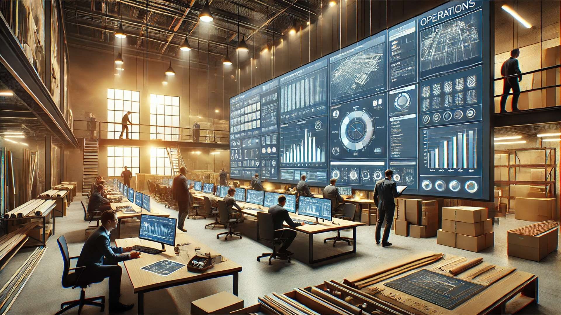 Large industrial-style operations office with roofing professionals working at desks beneath oversized digital dashboards showing abstract construction data, surrounded by roofing materials and plans.