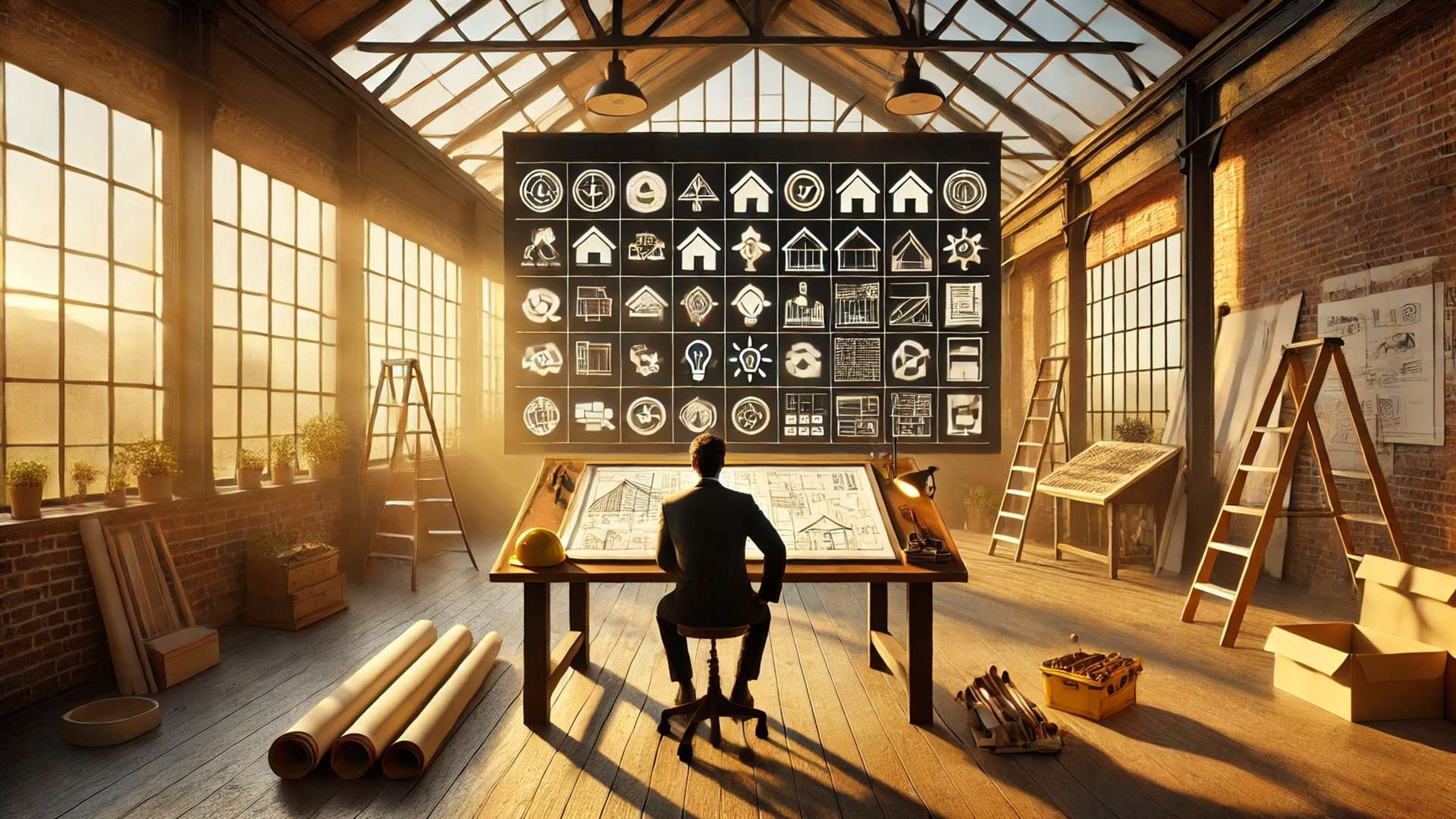 Man in a warm, sunlit workshop analyzing a wall of organized solution icons and diagrams symbolizing roofing FAQ answers.
