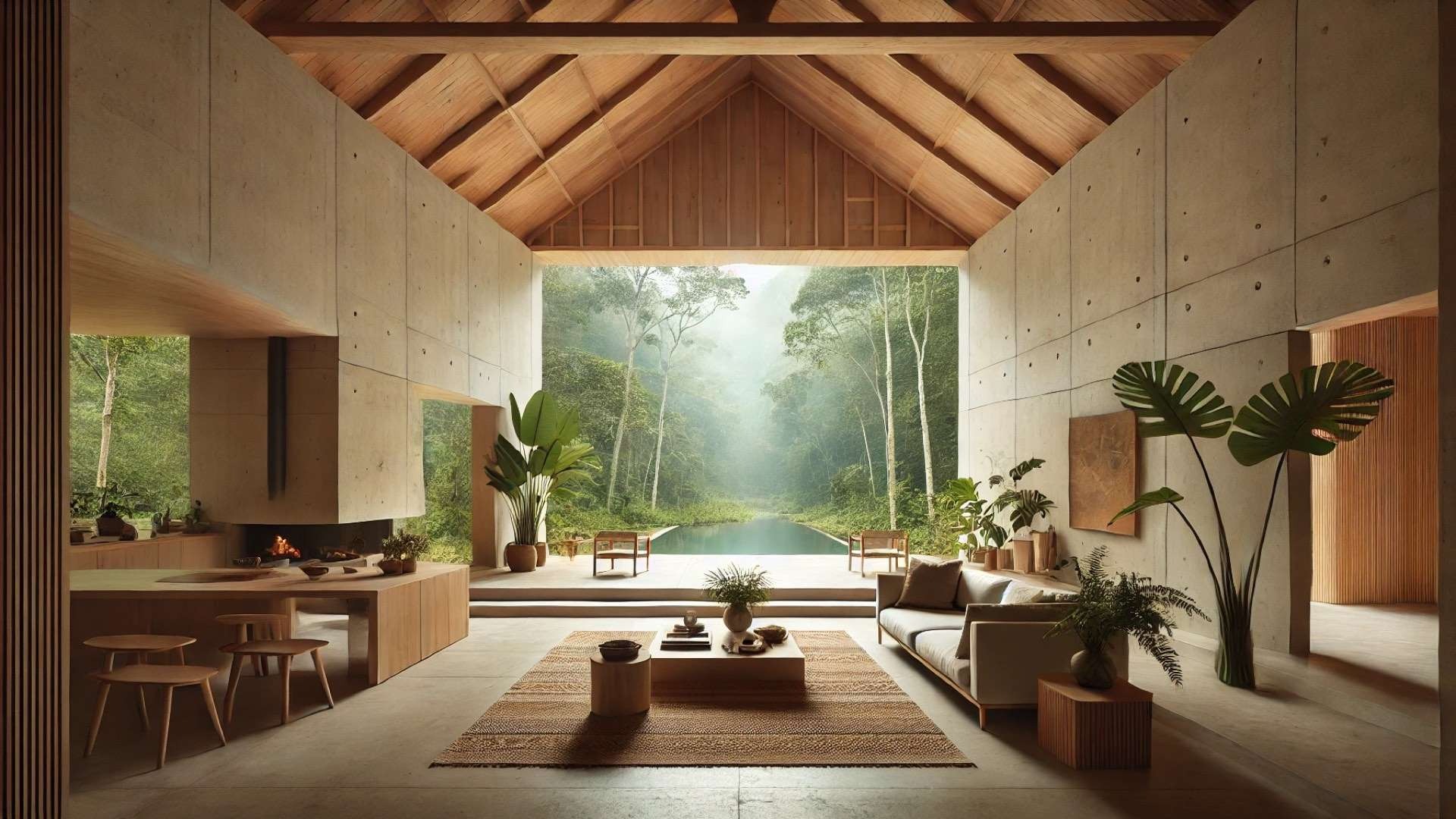 view inspired by Ocote House, highlighting natural materials, serene architectural flow, and a deep connection with the lush surroundings of Valle de Bravo