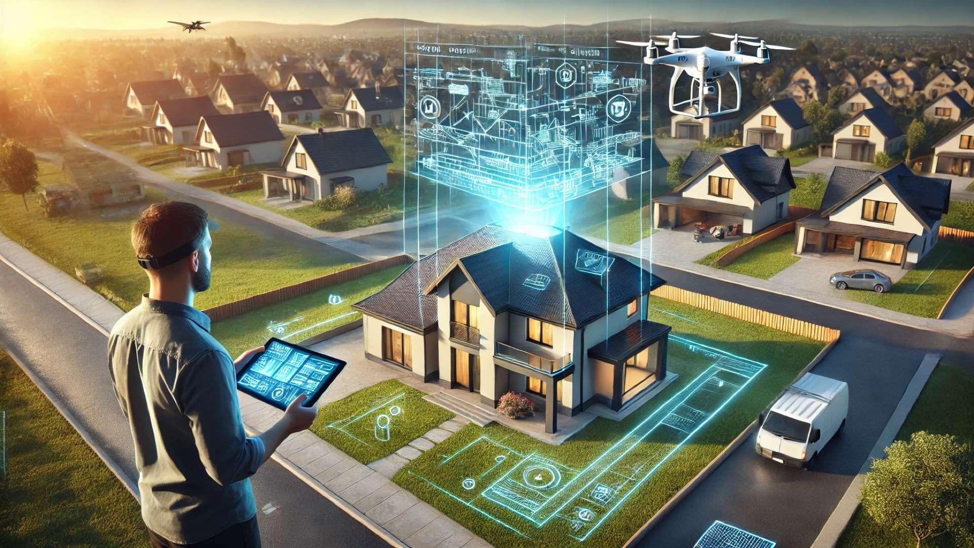 Construction professional analyzing a suburban home with a drone and holographic 3D building model projected from a tablet for remote property measurement.