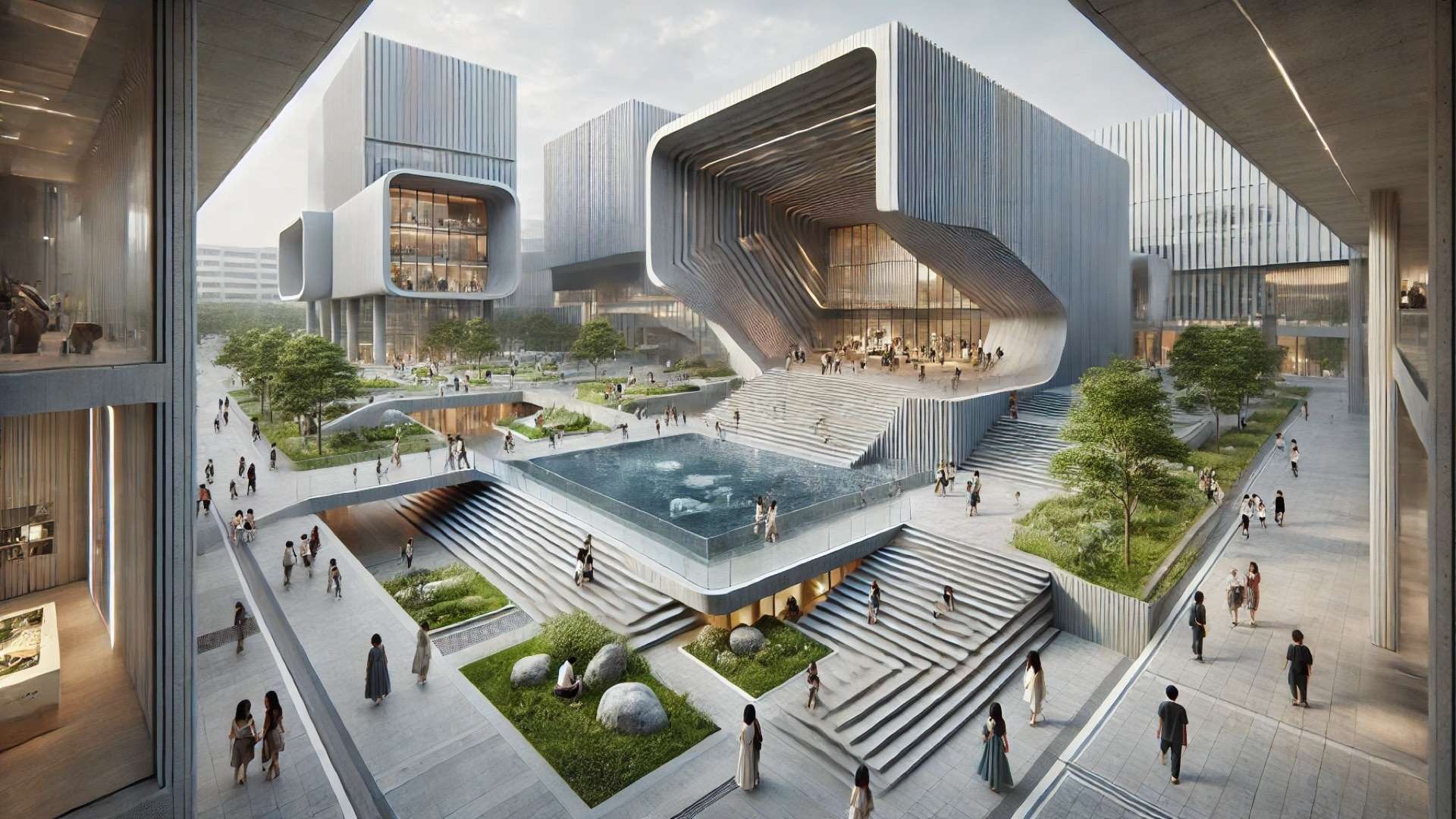 Contemporary multi-level cultural complex in Taichung with angular rotated entrance, terraces, water features, and landscaped plazas filled with people.