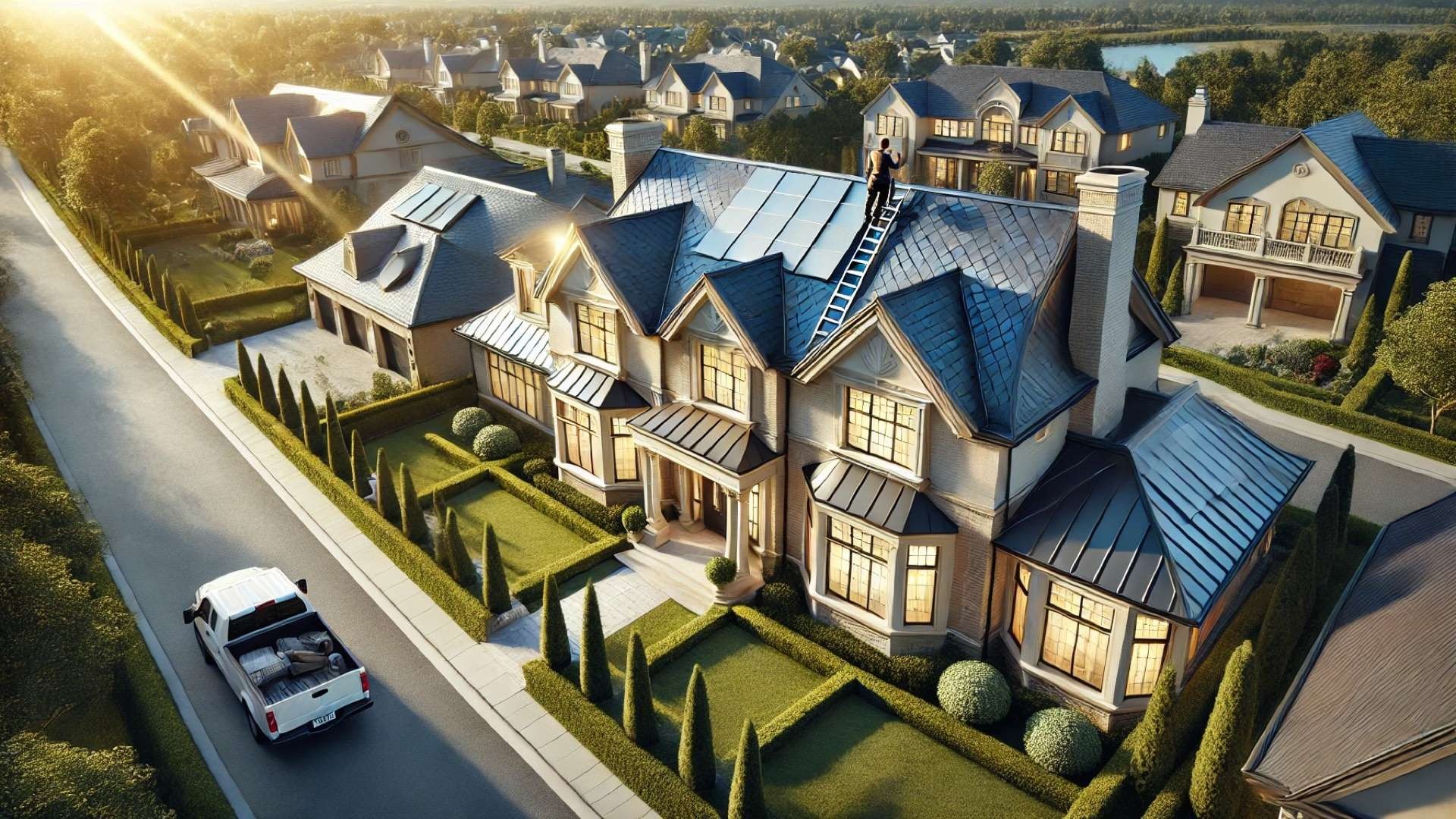 depicting a high-end estate with a focus on proactive roof maintenance