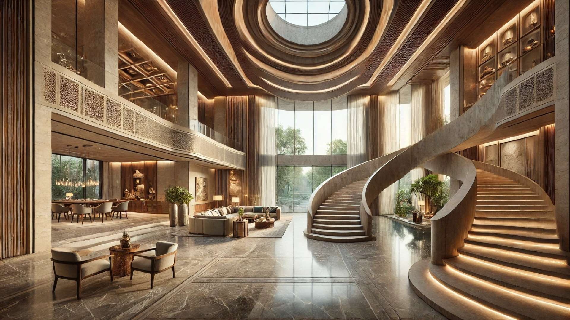 Grand double-height luxury residence with sweeping twin staircases, sculpted timber ceilings, marble floors, and floor-to-ceiling windows opening to lush gardens.