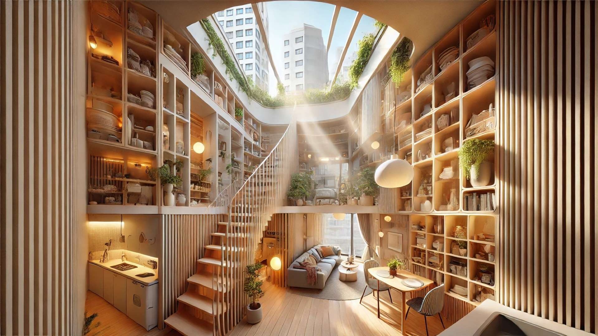 Warm, whimsical multi-level Seoul townhouse interior filled with sunlight from skylights, featuring cozy furniture, curved stairs, bookshelves, plants, and a lived-in living and dining space arranged around a light-filled atrium.