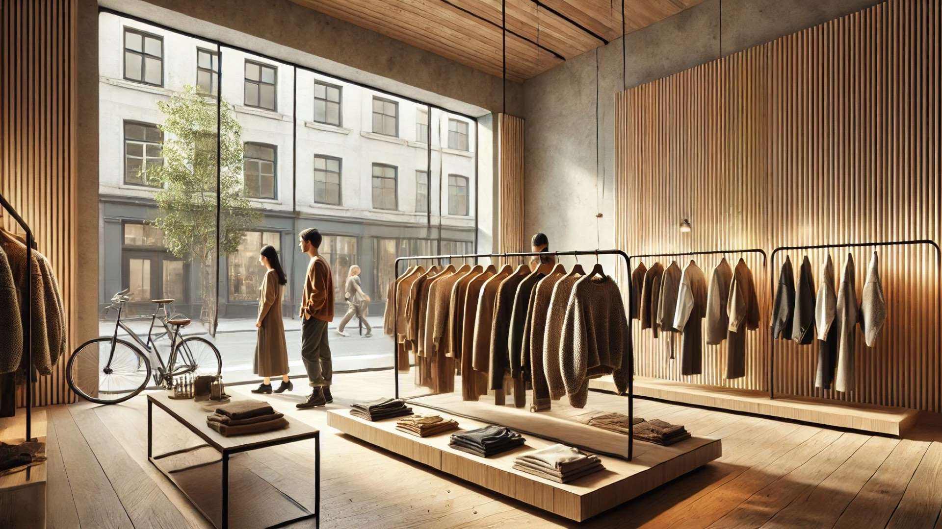 Minimalist sustainable fashion boutique with warm wood interiors, neutral-toned clothing on simple racks, and customers browsing beside large street-facing windows in a European urban setting.