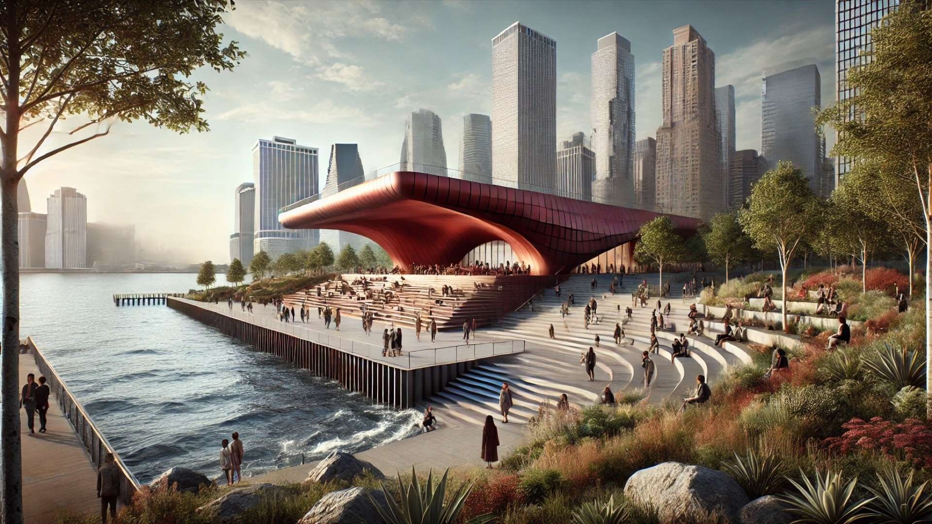 Modern riverside park featuring a sweeping red pavilion integrated into stepped landscapes and ecological plantings, with visitors walking and relaxing against a backdrop of a dense city skyline.