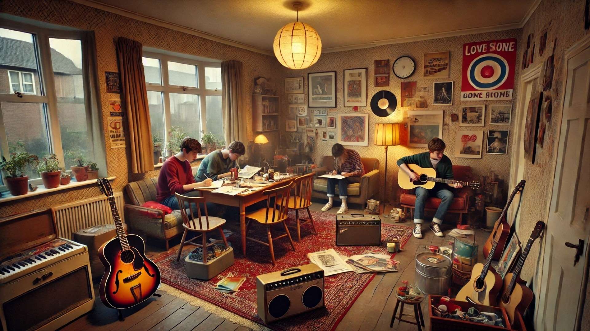 1960s-style London living room turned creative hub, with young people drawing and playing music among vintage furniture, guitars, and scattered art materials.