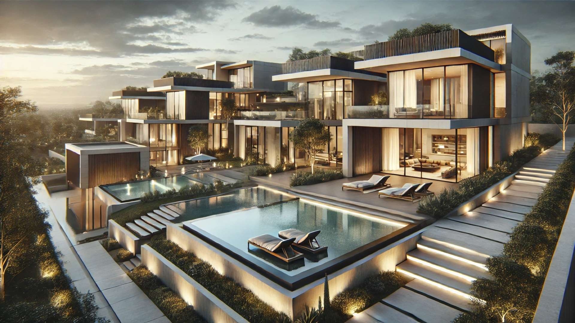 High-end modern home with interconnected flat roofs, large glass walls, integrated rooftop greenery, and elegant pool terraces, showcasing varied roofing materials within a cohesive architectural design.