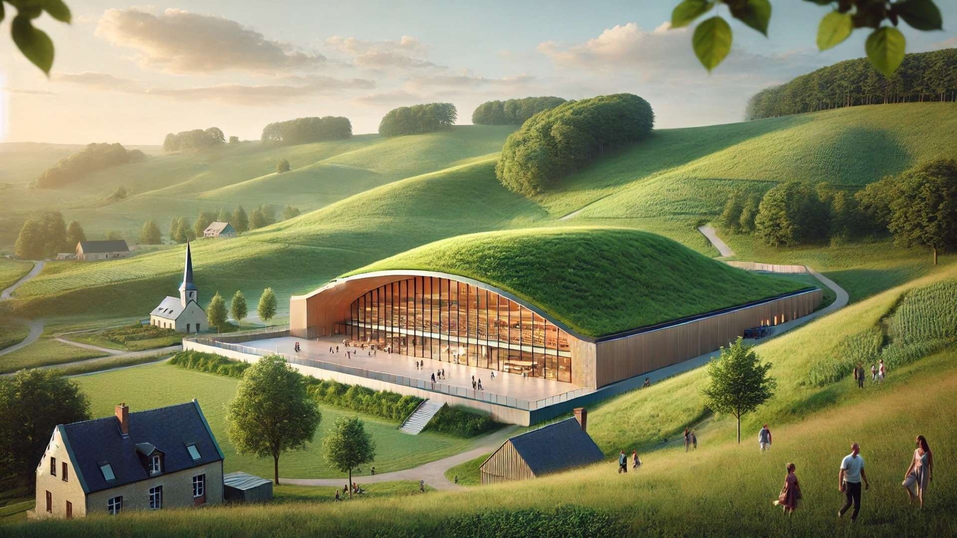 Willgottheim-Woellenheim Multipurpose Hall nestled in the rolling French countryside, blending modern design with the natural landscape