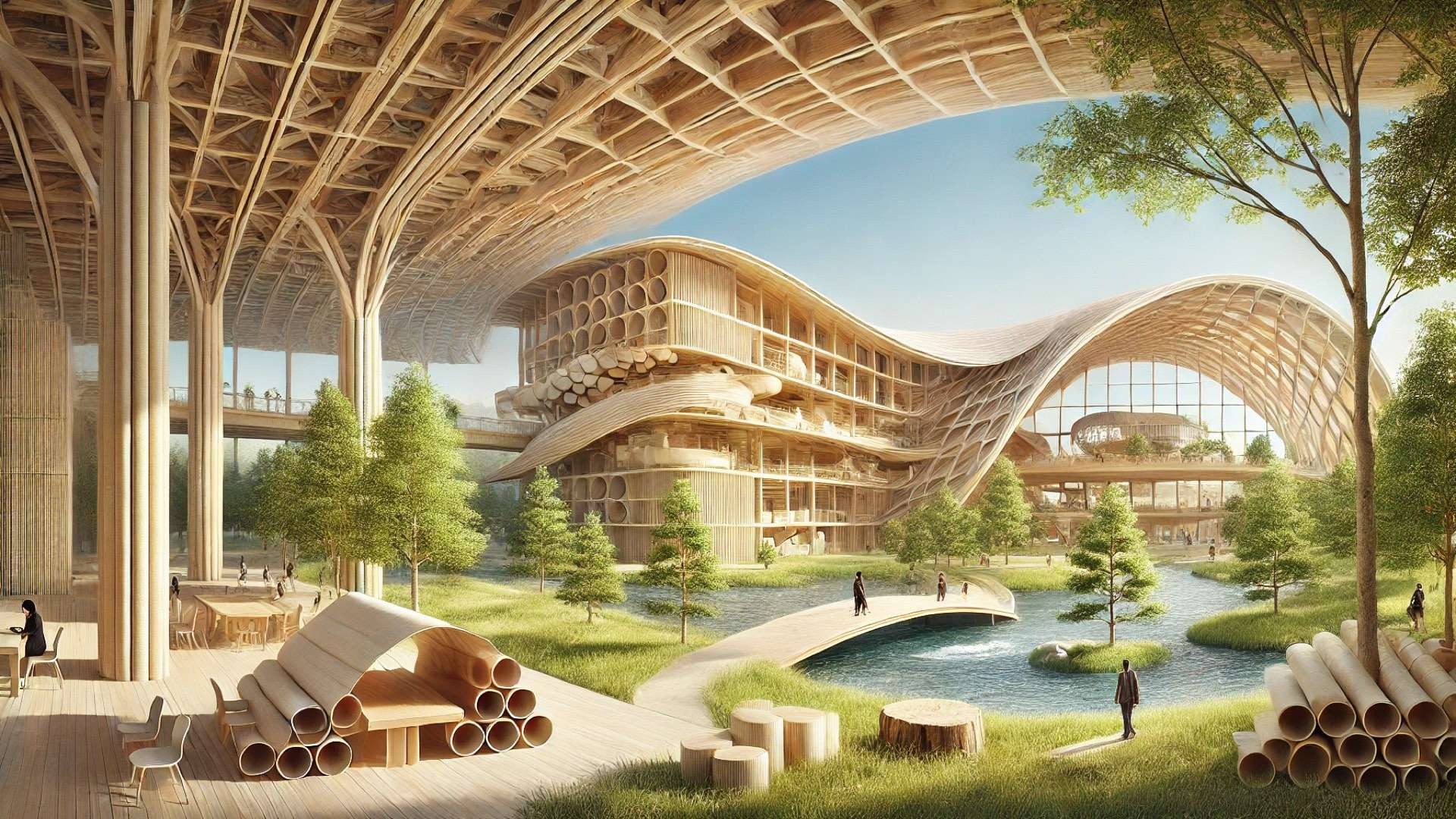 illustration inspired by Shigeru Ban’s architectural philosophy—featuring sustainable materials like timber and paper tubes, set within a serene natural landscape