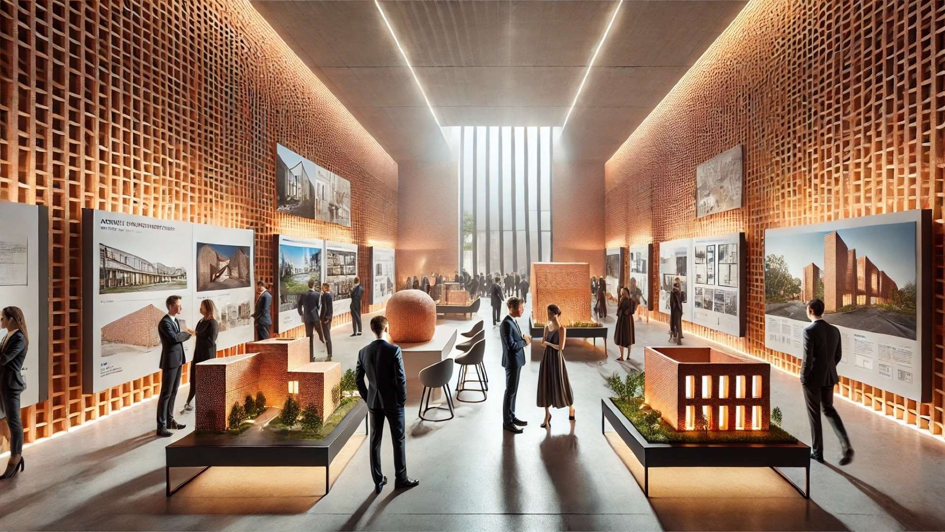 capturing the atmosphere of a modern architectural awards exhibition focused on innovative brick design
