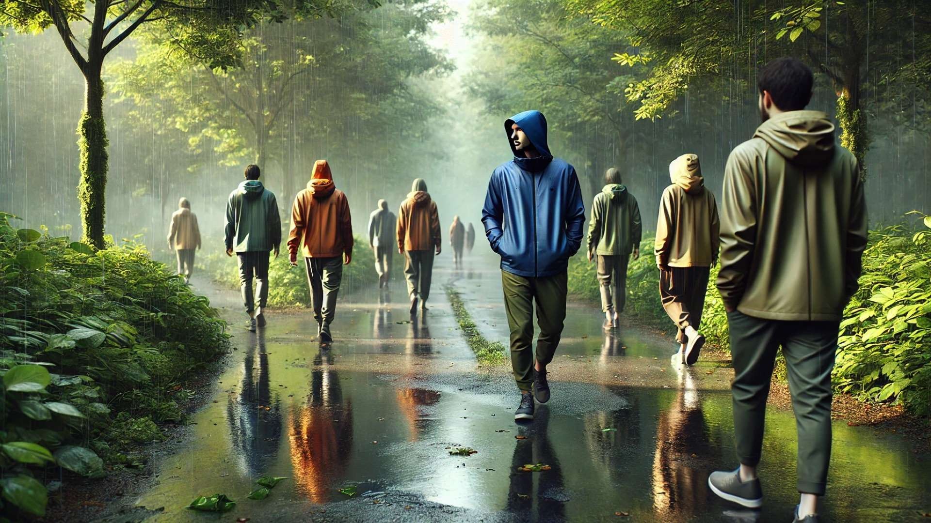 People wearing eco-friendly rain jackets walking through a lush park path during a light rain, with water reflecting on the ground and greenery surrounding them.