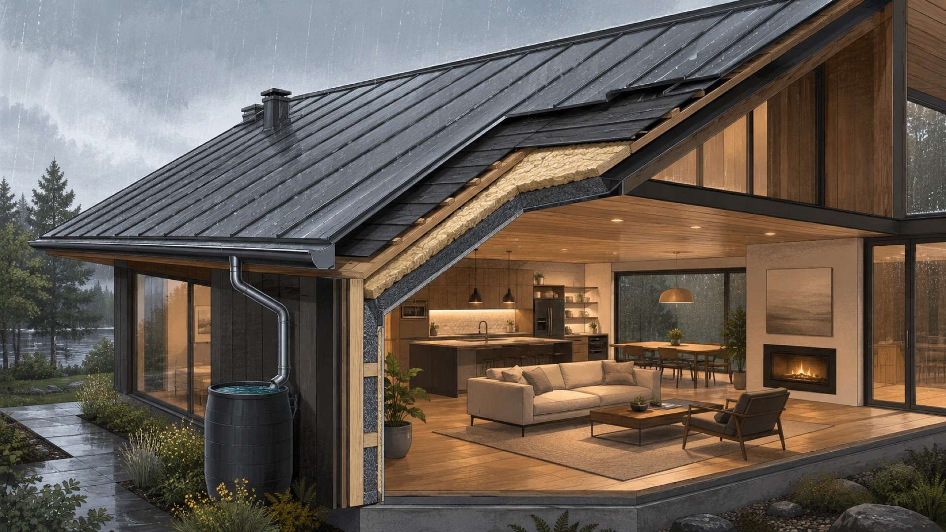 A modern home with a standing-seam metal roof is shown during a rainstorm in cutaway view, revealing roof insulation and underlayment layers, a rain barrel collecting runoff, and a warm, open interior glowing behind large windows.