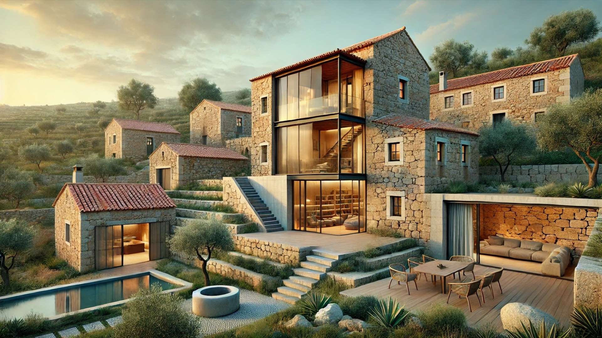 Renovated Portuguese stone house on terraced hillside with modern glass additions, outdoor dining area, small pool, and warm evening light blending old and new architecture.