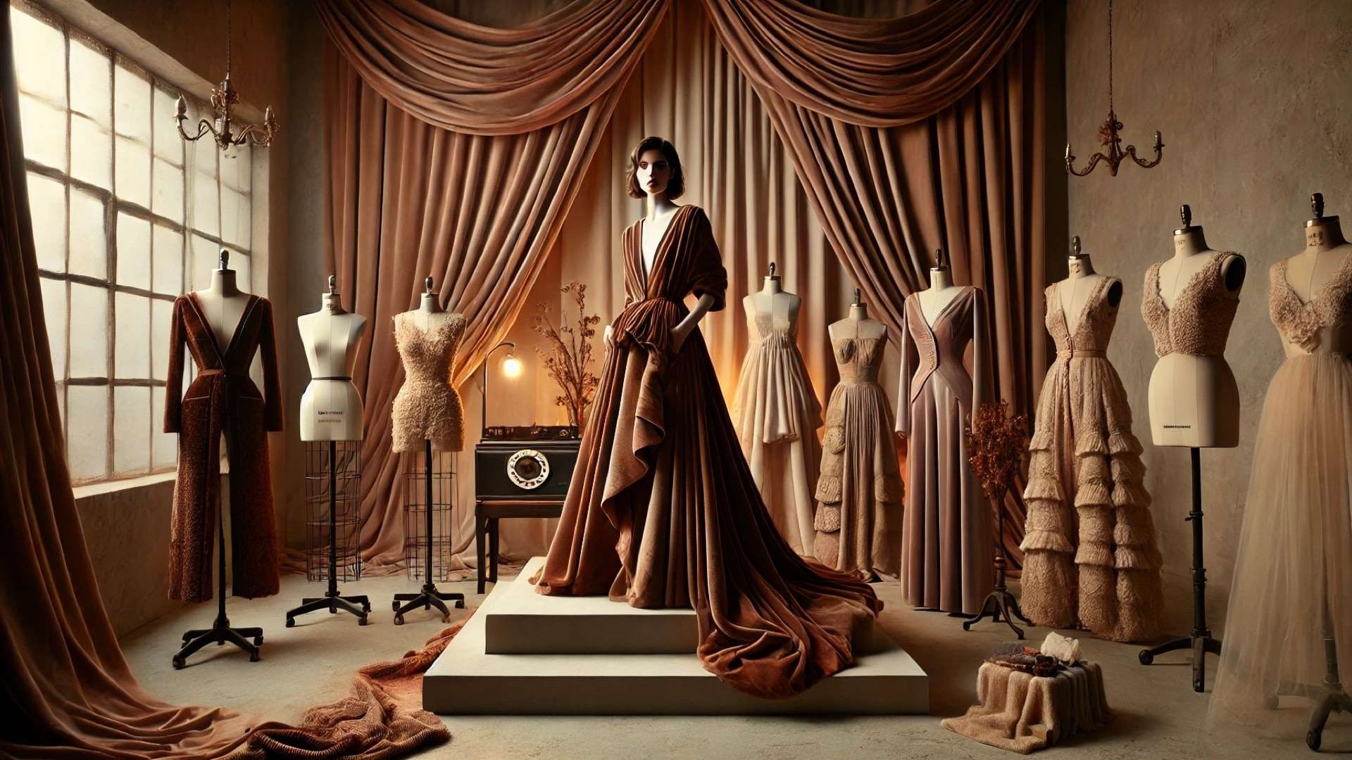 High-fashion editorial scene with a model in a velvet couture gown surrounded by mannequins and draped fabrics in a warm, luxurious studio setting.